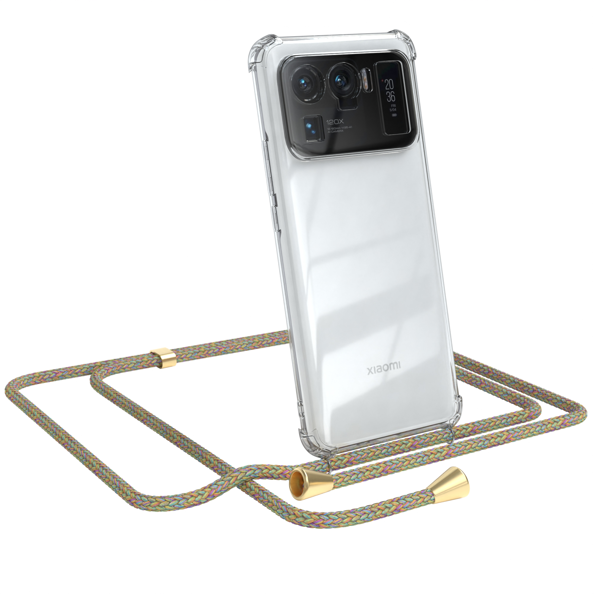 Telefon in transparenter Hülle mit buntem Band. Das Telefon ist ein Xiaomi.