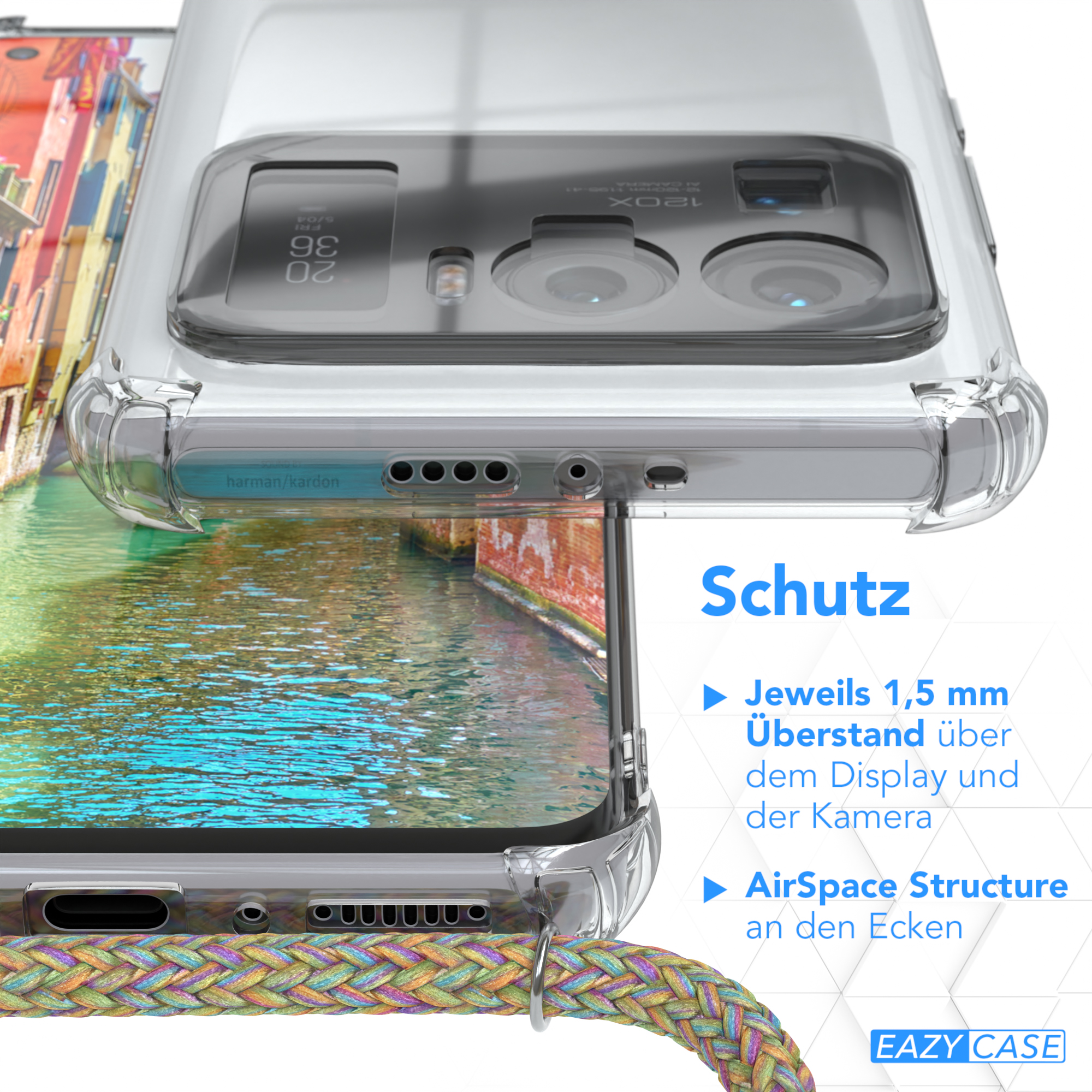 Handyhülle mit landschaftlichem Hintergrund, sichtbar durch die transparente Rückseite, Schutzeigenschaften beschrieben.