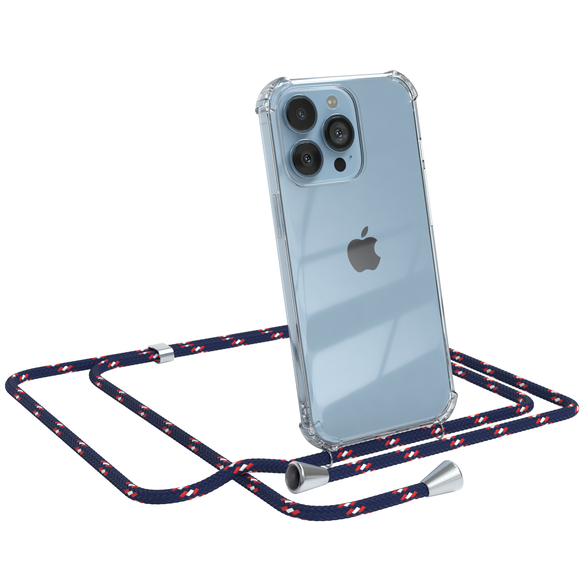 iPhone mit blauem Gehäuse und blau-rotem Schlüsselband. Das Telefon ist auf weißem Hintergrund.