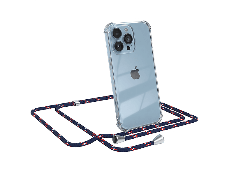 EAZY CASE Clear Cover mit Umhängeband, Umhängetasche, Apple, iPhone 13 Pro, Blau Camouflage / Clips Silber