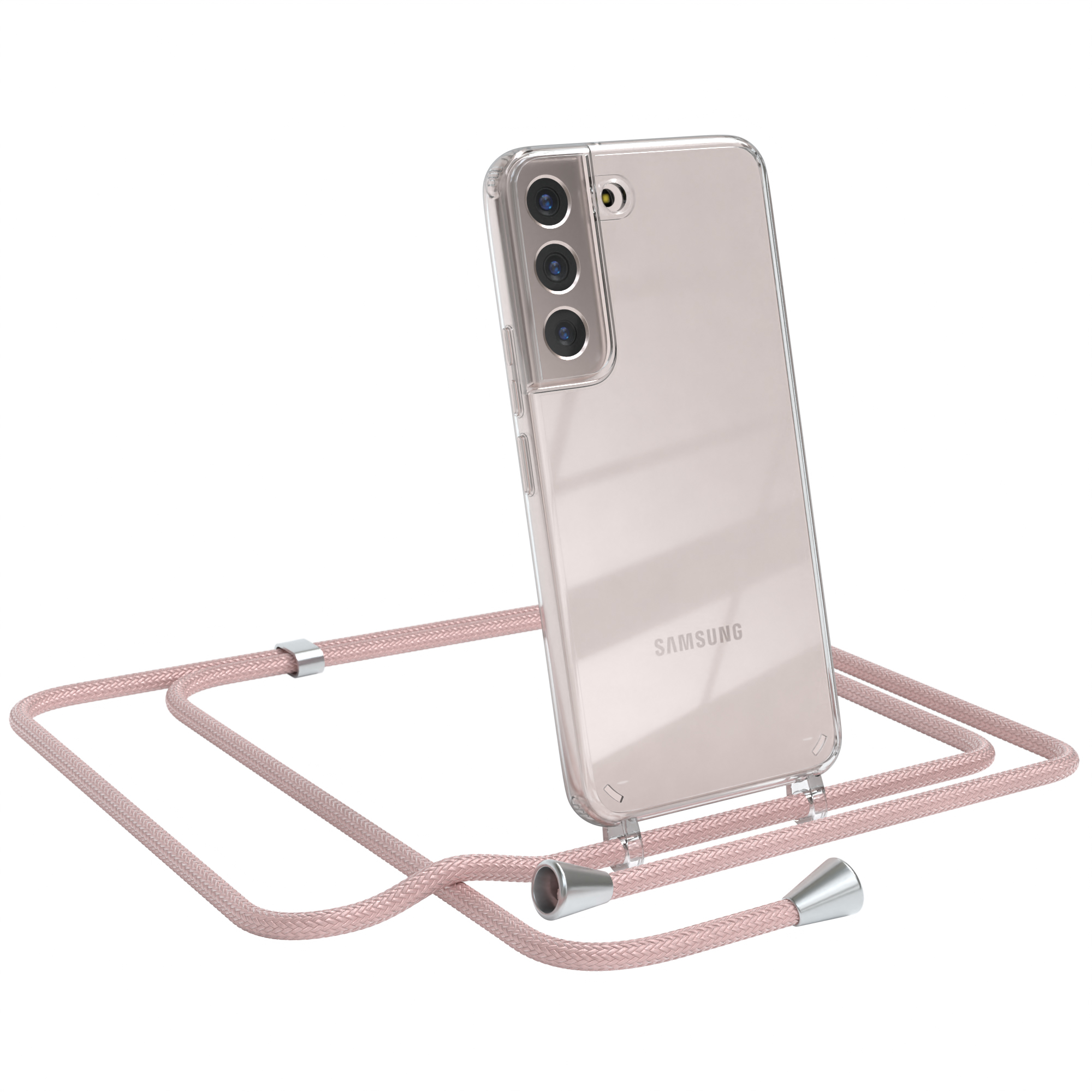 Transparente Handyhülle mit pinkfarbenem Lanyard. Das Telefon ist ein Samsung.