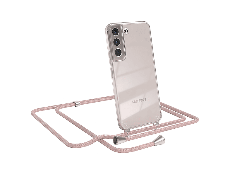 EAZY CASE Clear Cover mit Umhängeband, Umhängetasche, Samsung, Galaxy S22 5G, Rosé / Clips Silber