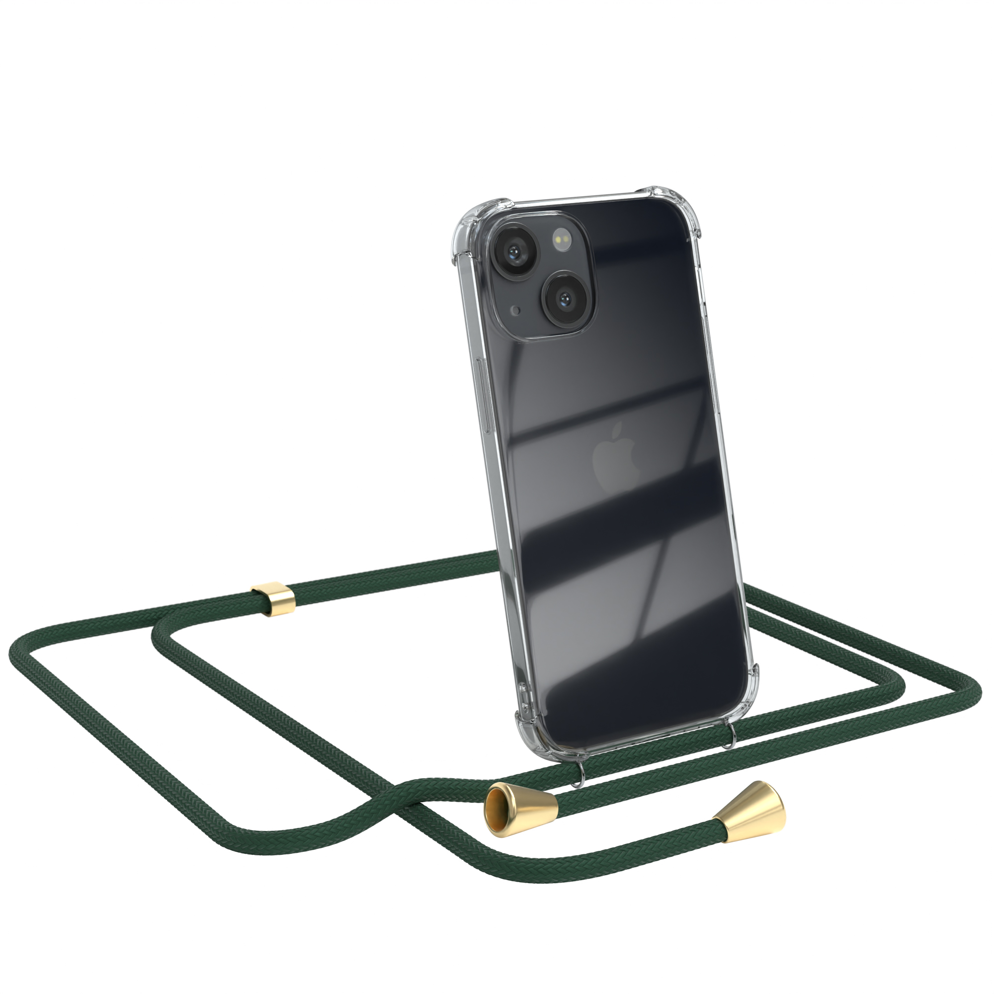 Transparente Handyhülle mit dunkelgrünem Band. Apple-Logo sichtbar. Weißer Hintergrund. Telefon abgewinkelt.