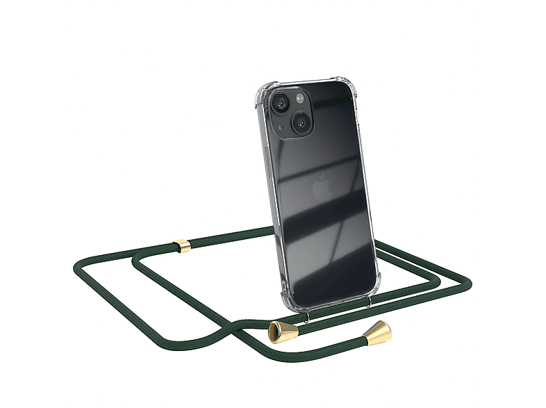 EAZY CASE Clear Cover mit Umhängeband, Umhängetasche, Apple, iPhone 13 Mini, Grün / Clips Gold