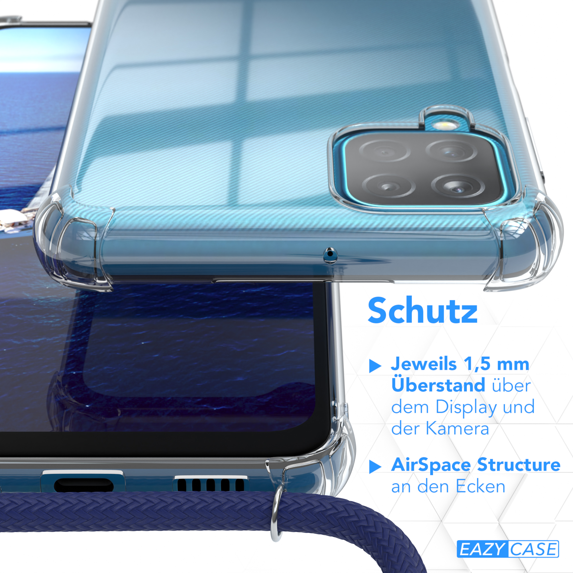 Nahaufnahme eines Telefons in einer transparenten Hülle mit blauem Band. Schutzfunktionen hervorgehoben.