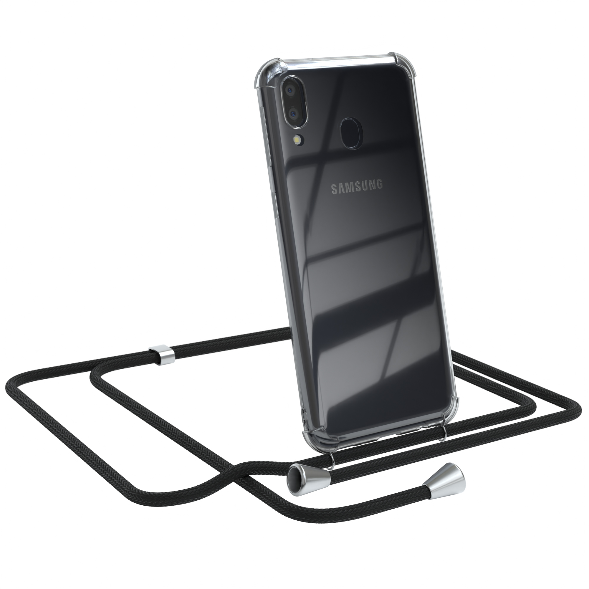 Transparente Handyhülle mit schwarzem Schlüsselband. Telefon angewinkelt. Weißer Hintergrund.