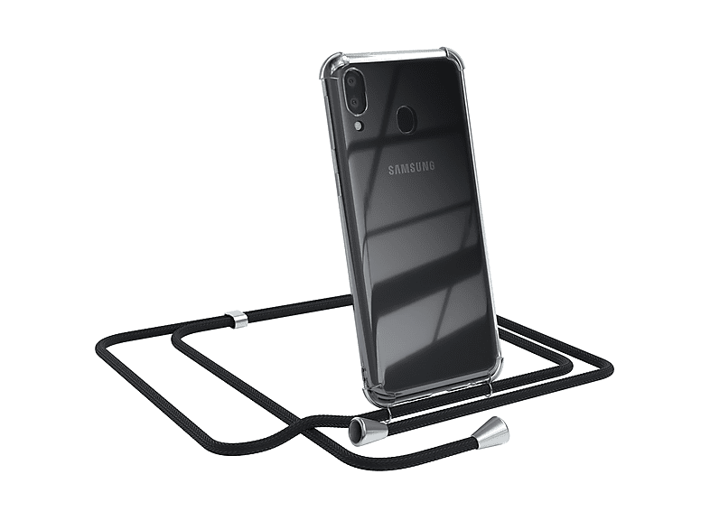 EAZY CASE Clear Cover mit Umhängeband, Umhängetasche, Samsung, Galaxy M20, Schwarz / Clips Silber