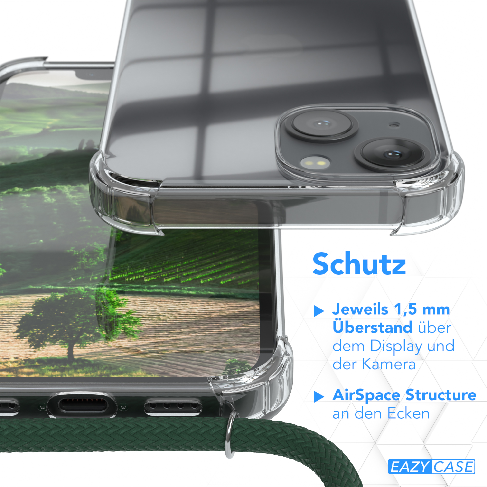 Transparente Handyhülle über Telefon. Text: 1,5 mm Display- & Kameraschutz, AirSpace-Struktur an Ecken.