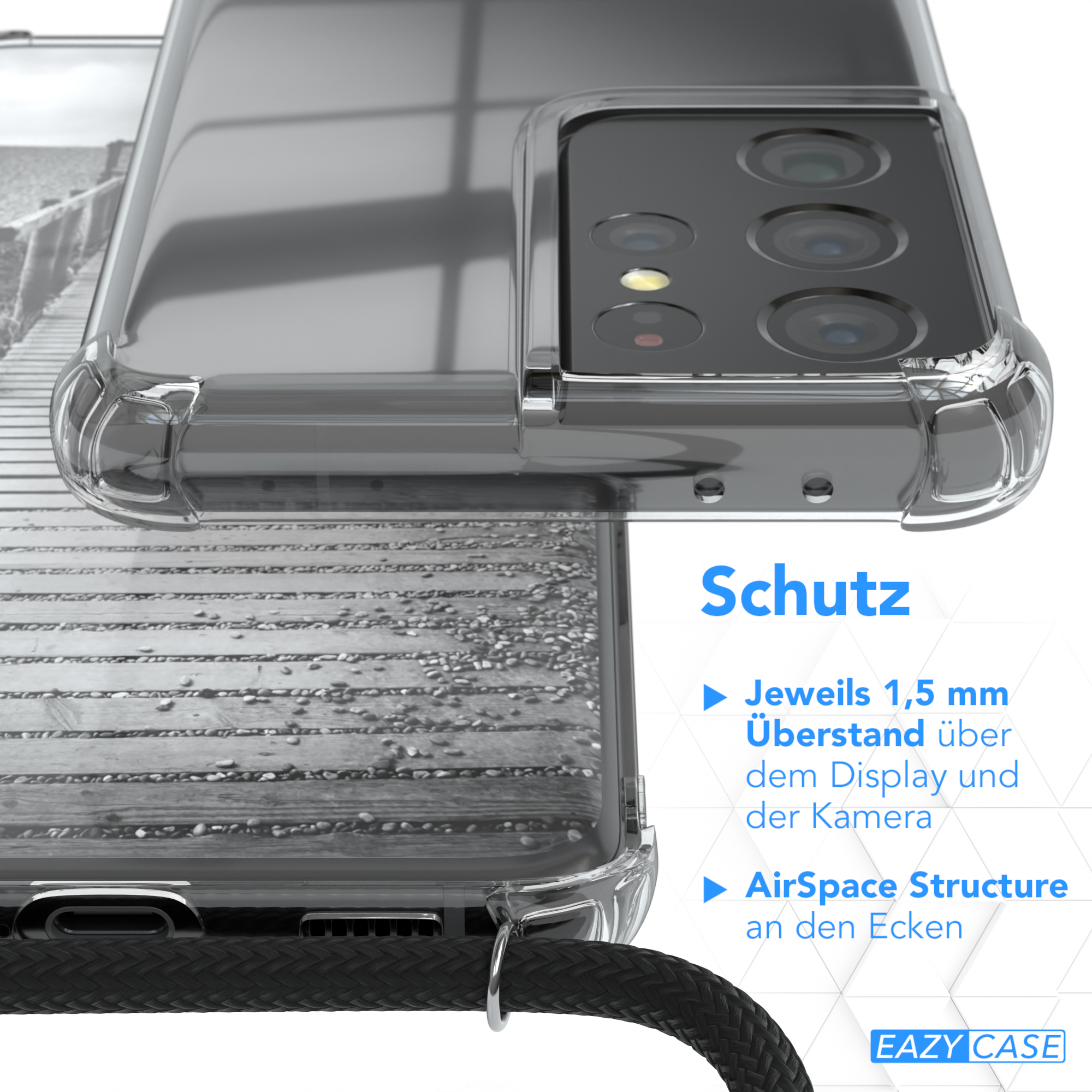 Cover Umhängetasche, 5G, CASE mit / Umhängeband, Clips S21 Clear EAZY Silber Ultra Galaxy Samsung, Schwarz