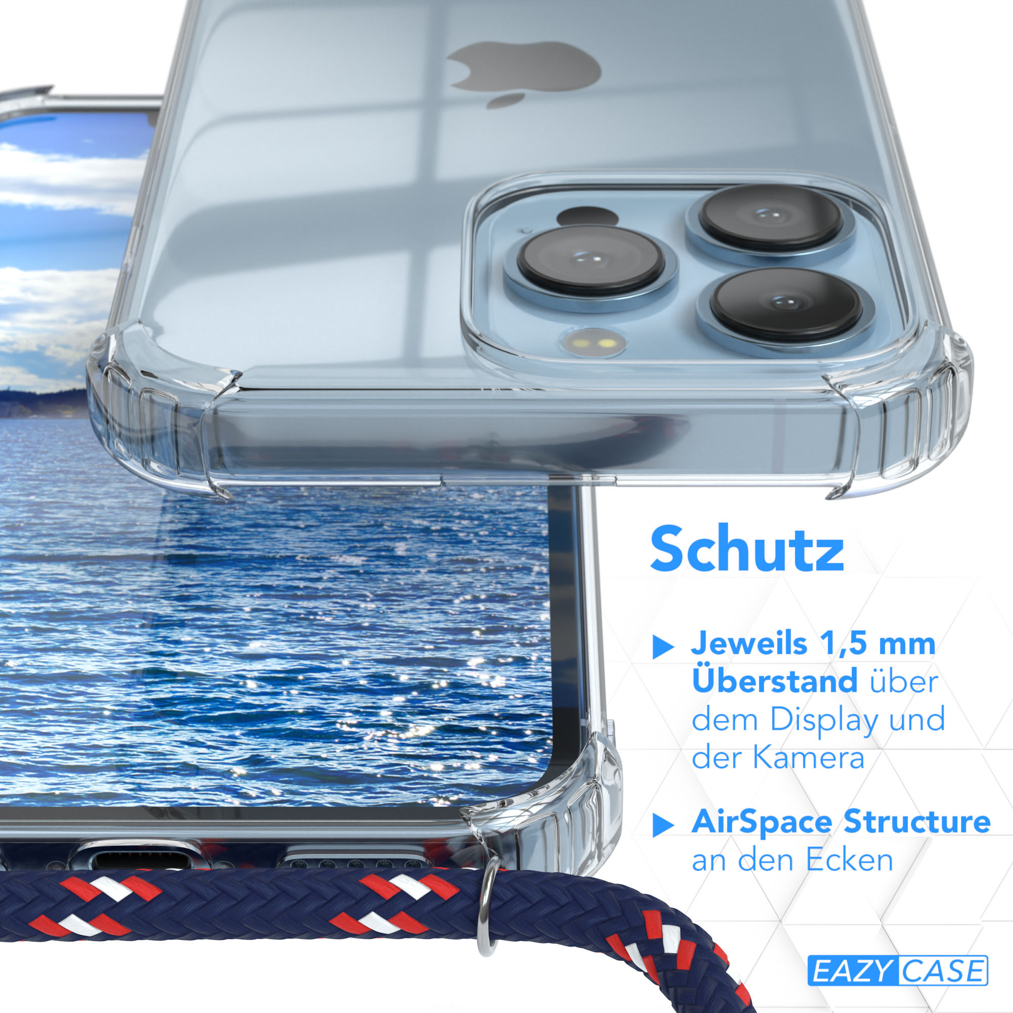 EAZY CASE Clear Cover Umhängetasche, Apple, Umhängeband, Blau / Pro, iPhone Clips Silber Camouflage 13 mit