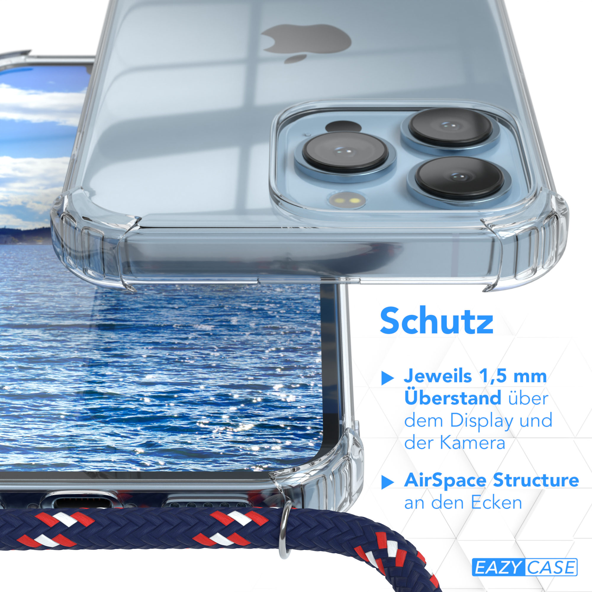 Nahaufnahme einer Handyhülle mit klarer Sicht auf das Telefon. Text: AirSpace-Struktur, 1,5 mm Display-Überhang.