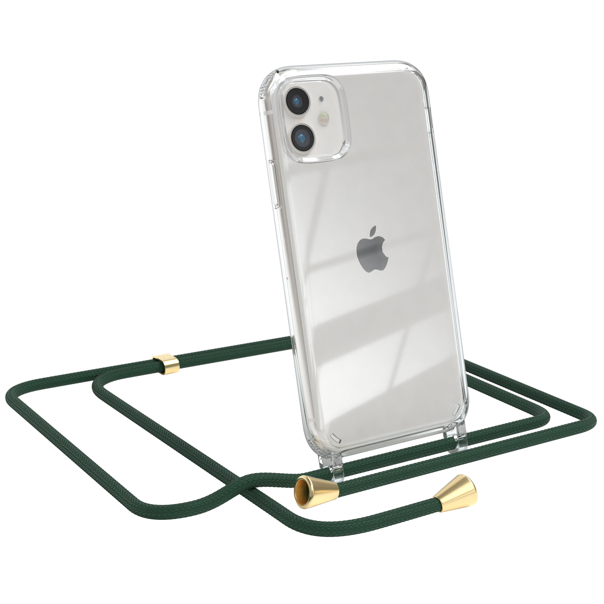 Transparente Handyhülle mit grünem Band. Apple-Logo sichtbar. Weißer Hintergrund.