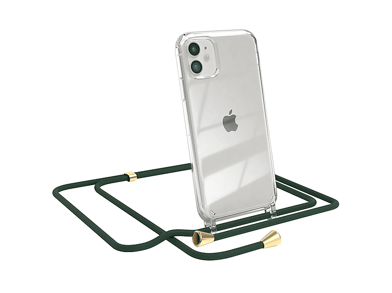 EAZY CASE Clear Cover mit Umhängeband, Umhängetasche, Apple, iPhone 11, Grün / Clips Gold