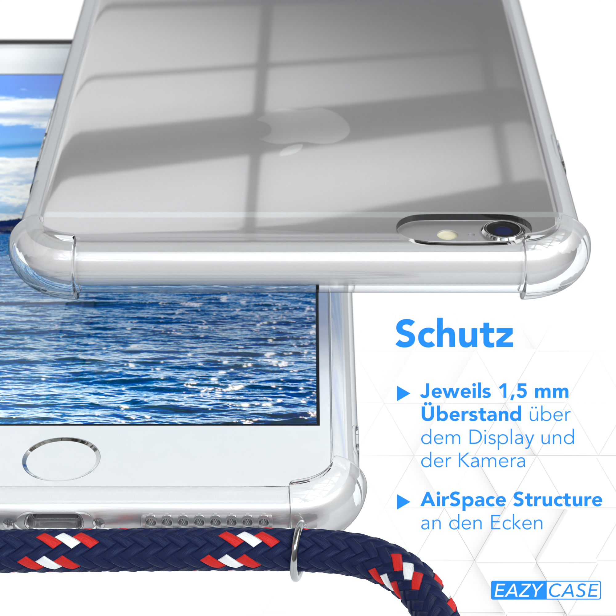 Nahaufnahme zeigt eine Handyhülle mit Telefon. Text hebt Gehäusemerkmale hervor.