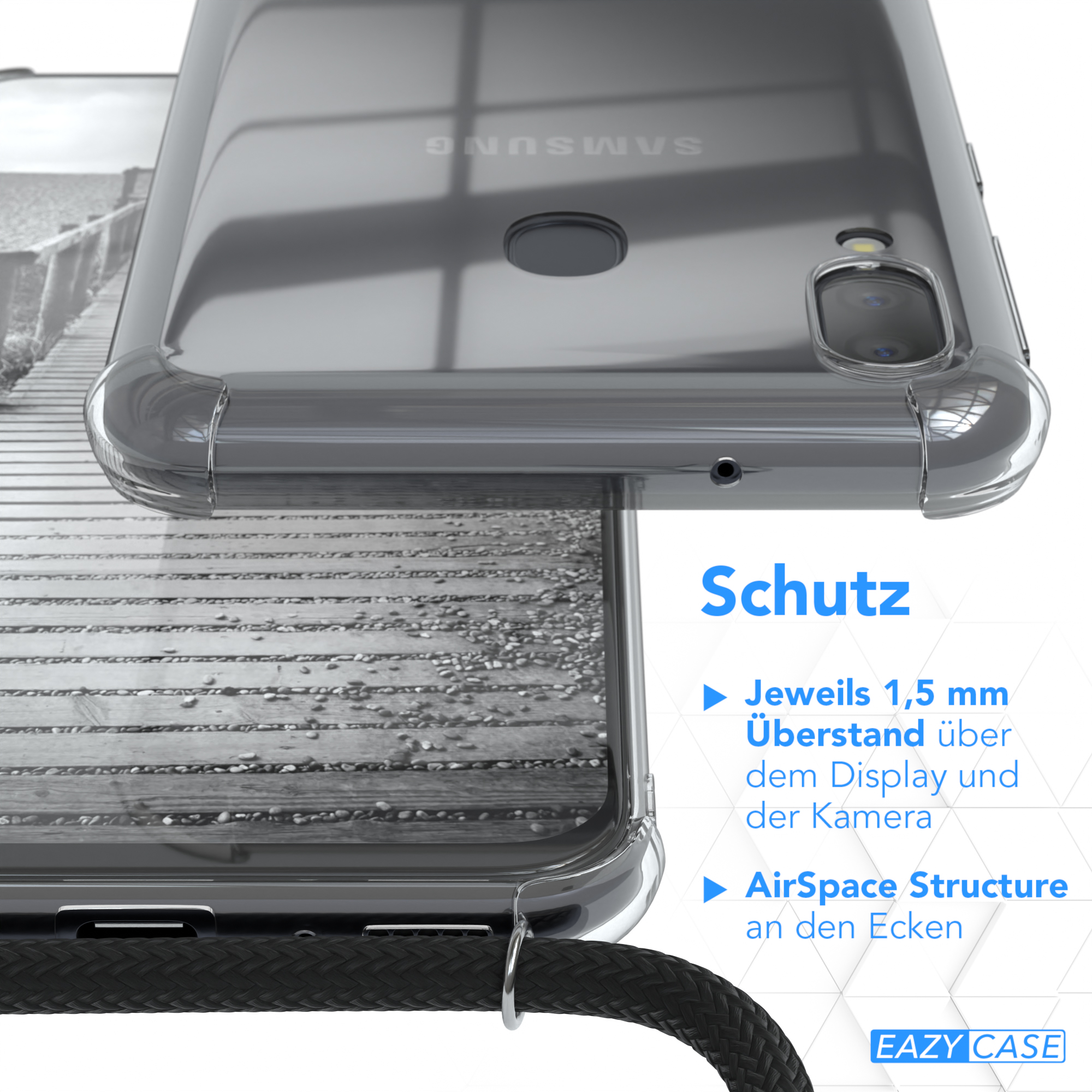 Samsung, Galaxy M20, Umhängeband, Clear Clips CASE mit Cover Umhängetasche, Schwarz / Silber EAZY