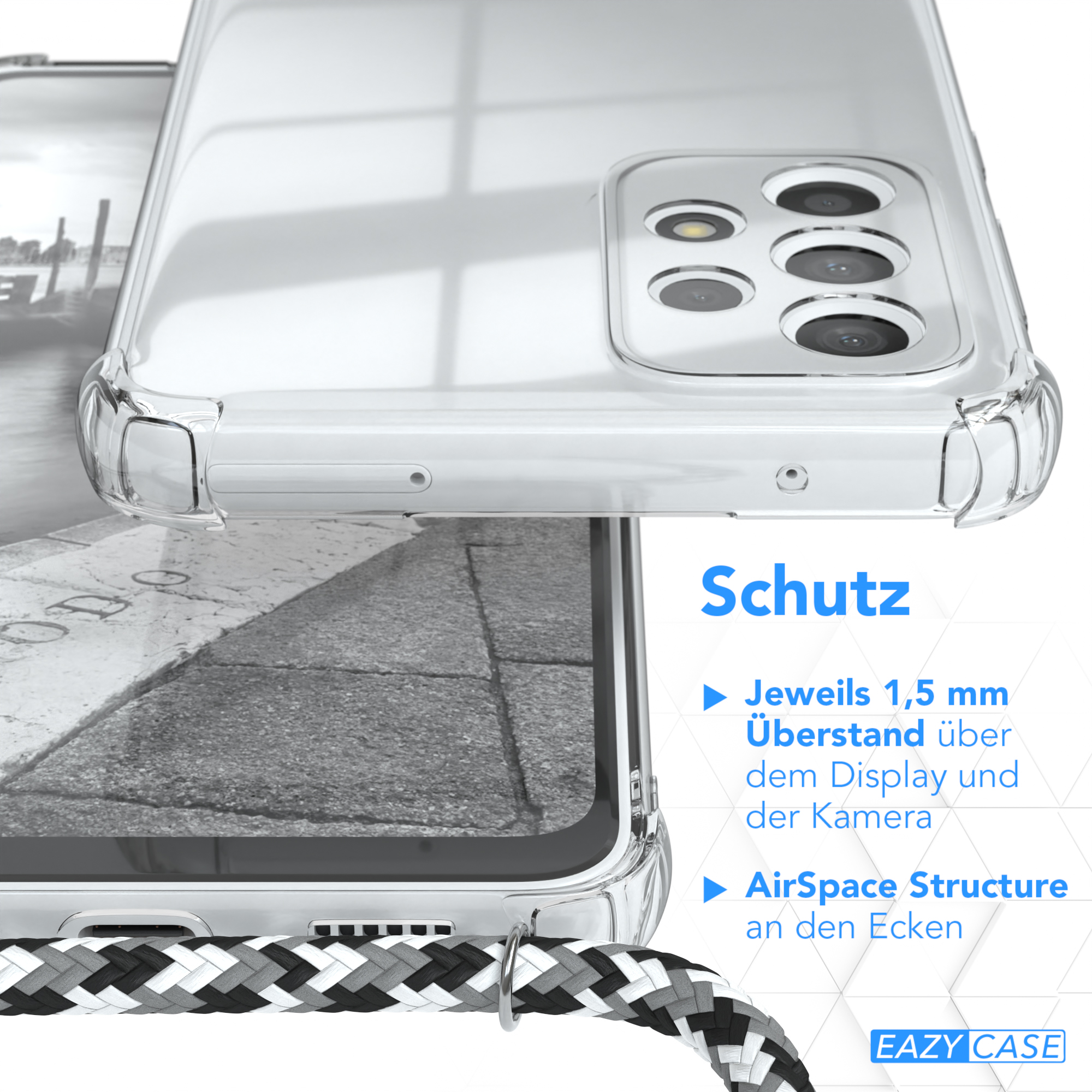 Transparente Handyhülle mit schwarz-weißem Seil, Text 'Schutz' und 'Eazy Case'.