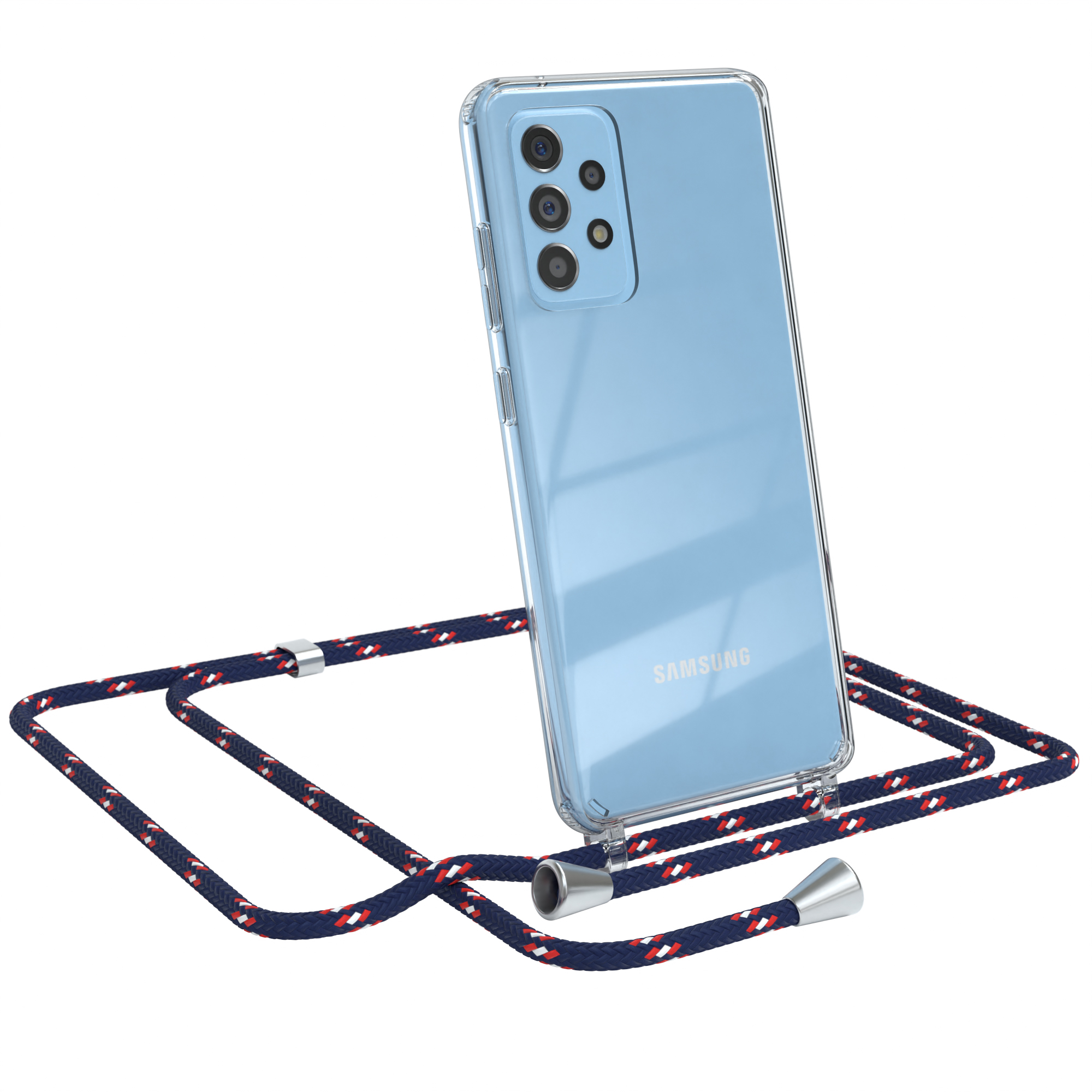 Transparente Handyhülle mit blauem Umhängeband. Samsung-Telefon sichtbar. Weißer Hintergrund.