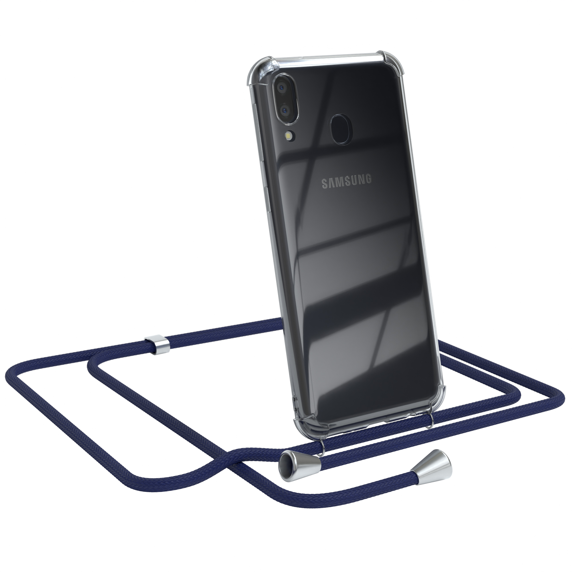 Samsung-Telefon in transparentem Gehäuse mit blauem Umhängeband. Weißer Hintergrund.