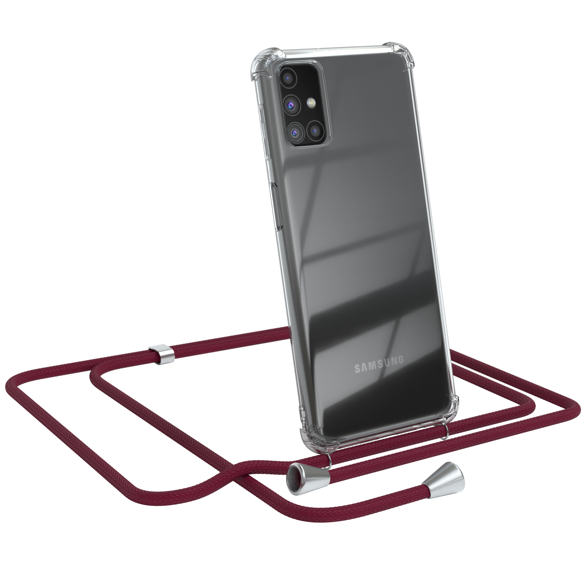 Transparente Handyhülle mit weinrotem Band. Samsung-Handy ist darin. Weißer Hintergrund.