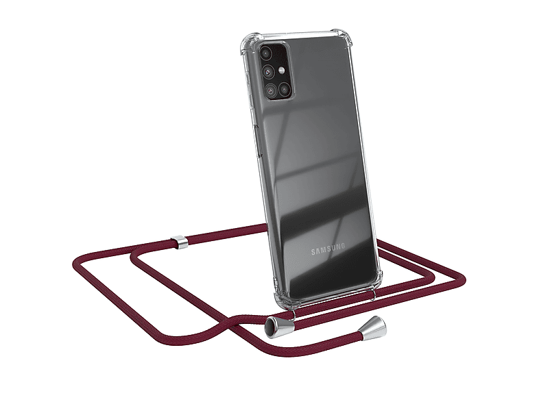 EAZY CASE Clear Cover mit Umhängeband, Umhängetasche, Samsung, Galaxy M31s, Bordeaux Rot / Clips Silber