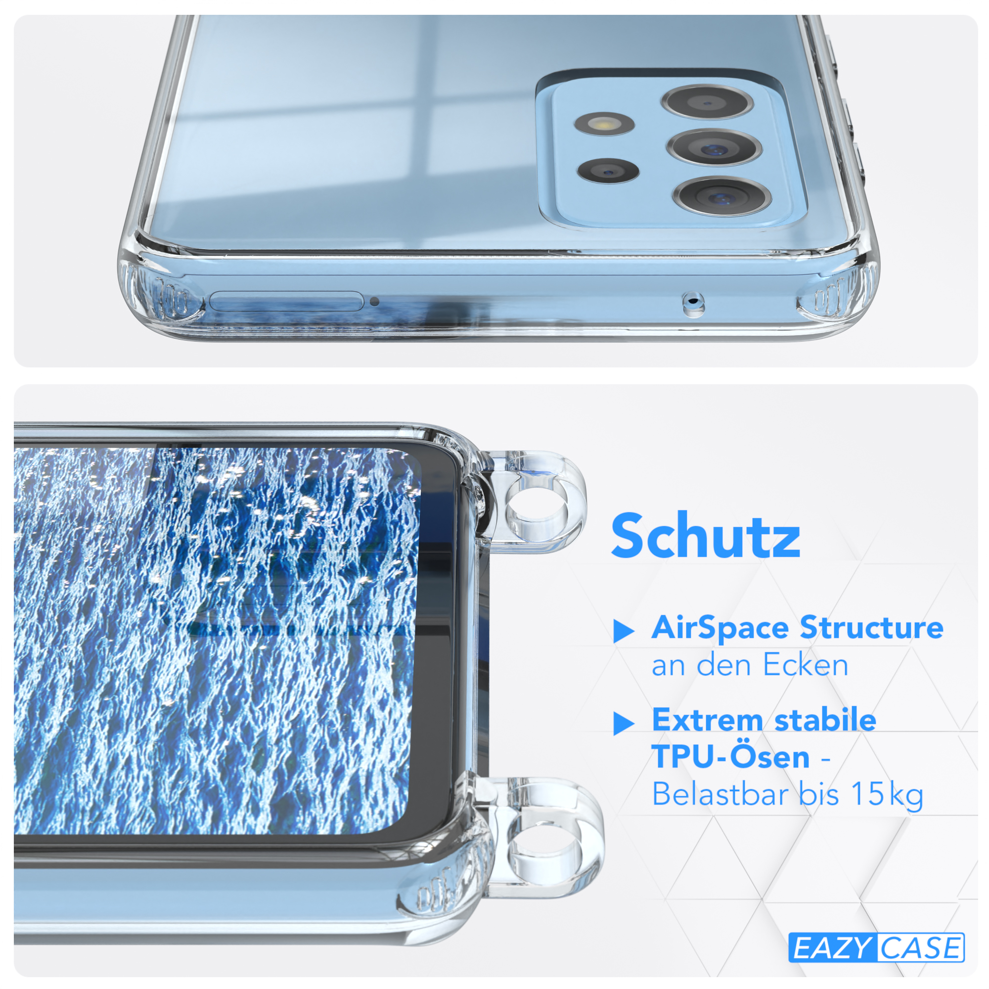 Nahaufnahme einer Handyhülle. Text: Schutz, AirSpace Structure, Extrem stabile TPU-Ösen.