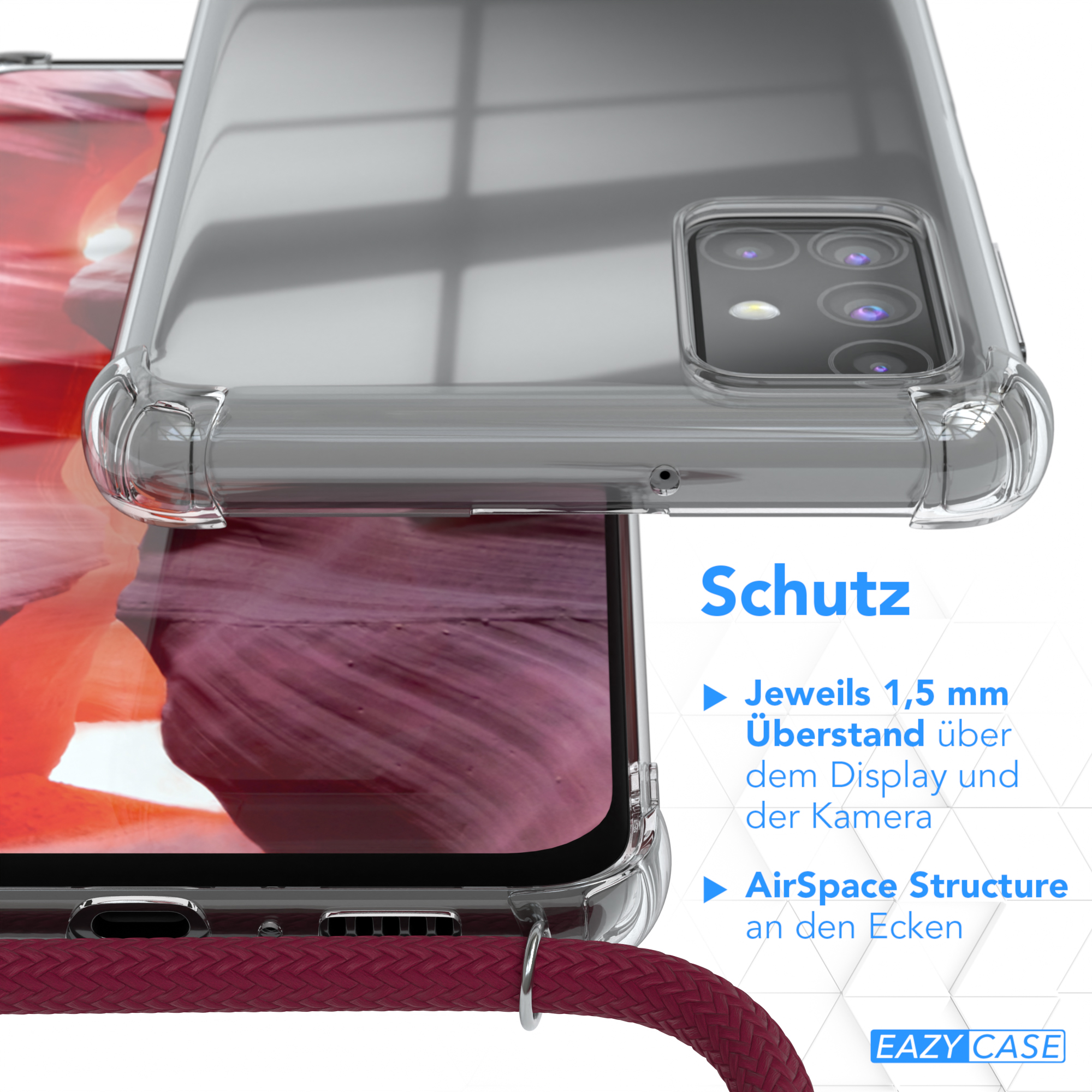 Handyhülle, Nahaufnahme. Text hebt Schutzfunktionen wie 'AirSpace Structure' hervor.