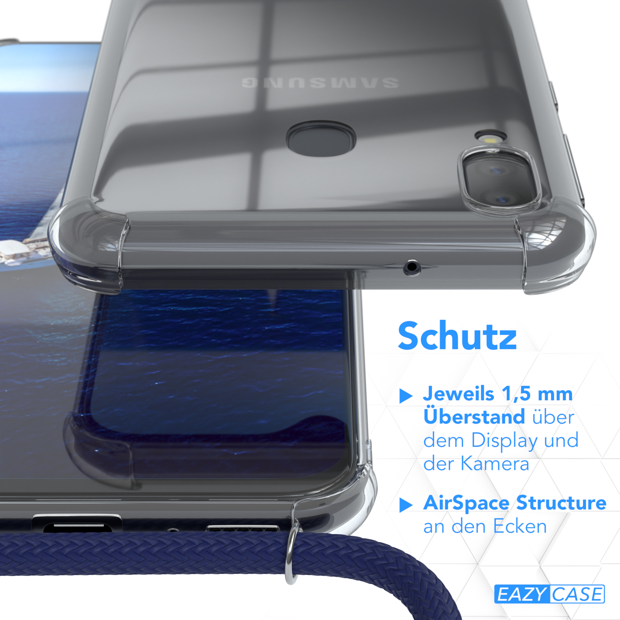 Transparente Handyhülle auf dem Telefon. Text sagt 'Schutz'. Blaues Seil und Wasserhintergrund.