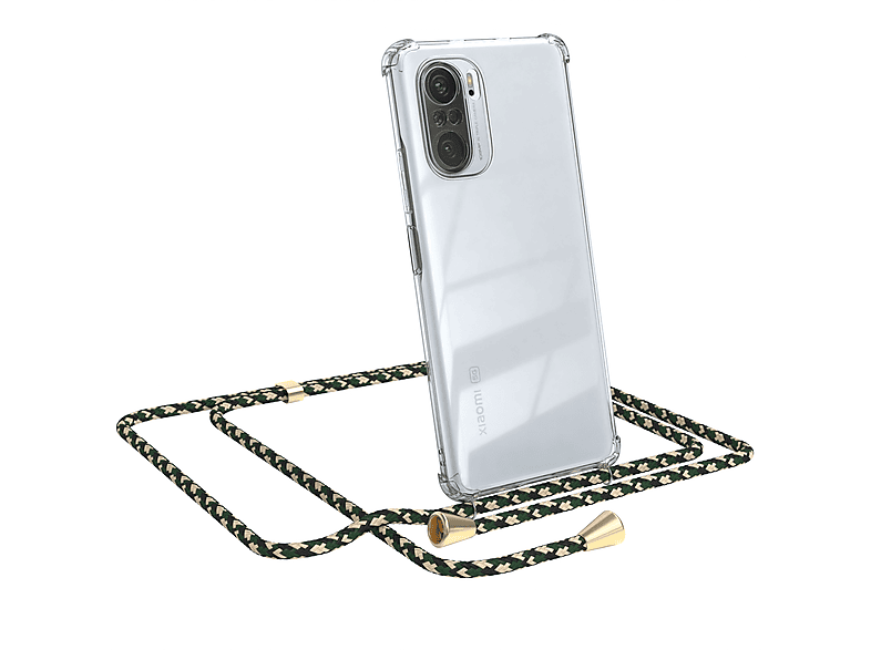 EAZY CASE Clear Cover mit Umhängeband, Umhängetasche, Xiaomi, Mi 11i, Grün Camouflage / Clips Gold