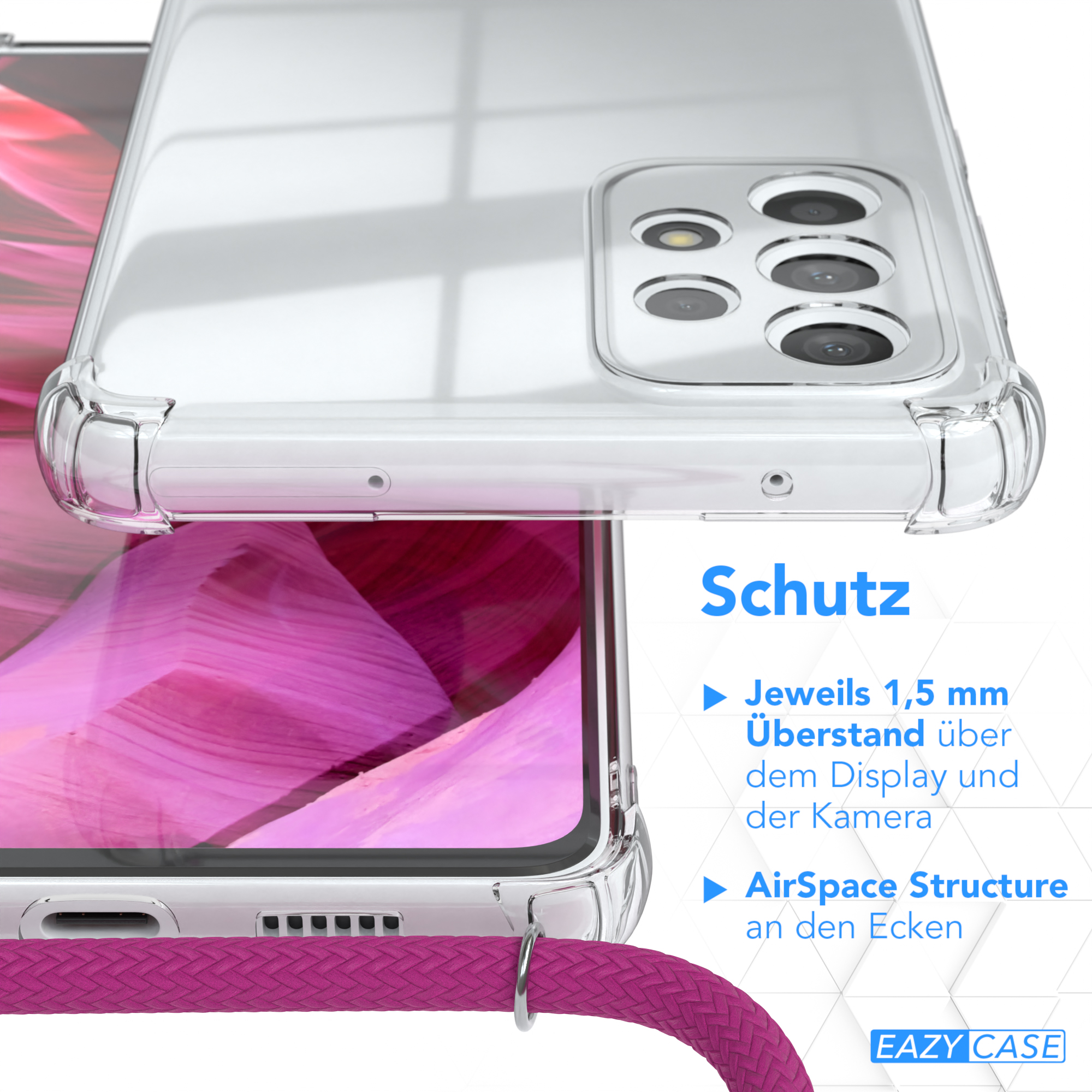 Klare Handyhülle über einem Telefon. Text: Schutz. Merkmale: 1,5 mm Display- & Kameraschutz, AirSpace Structure.