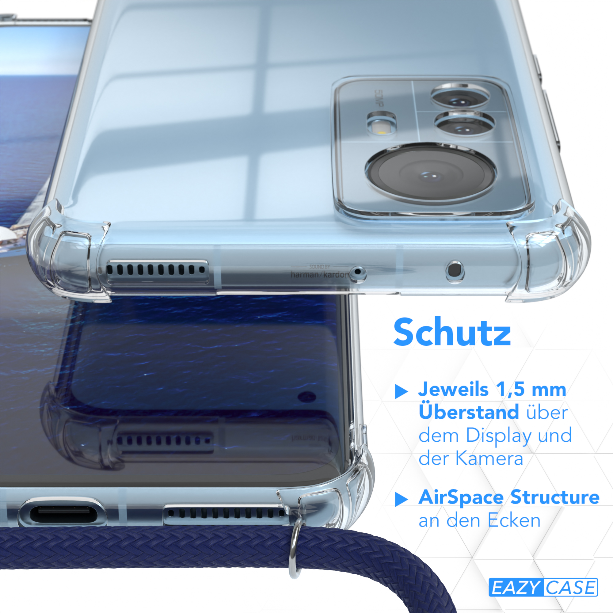 12 Umhängetasche, EAZY Pro, Clips Silber CASE Cover Xiaomi, Blau mit / Umhängeband, Clear
