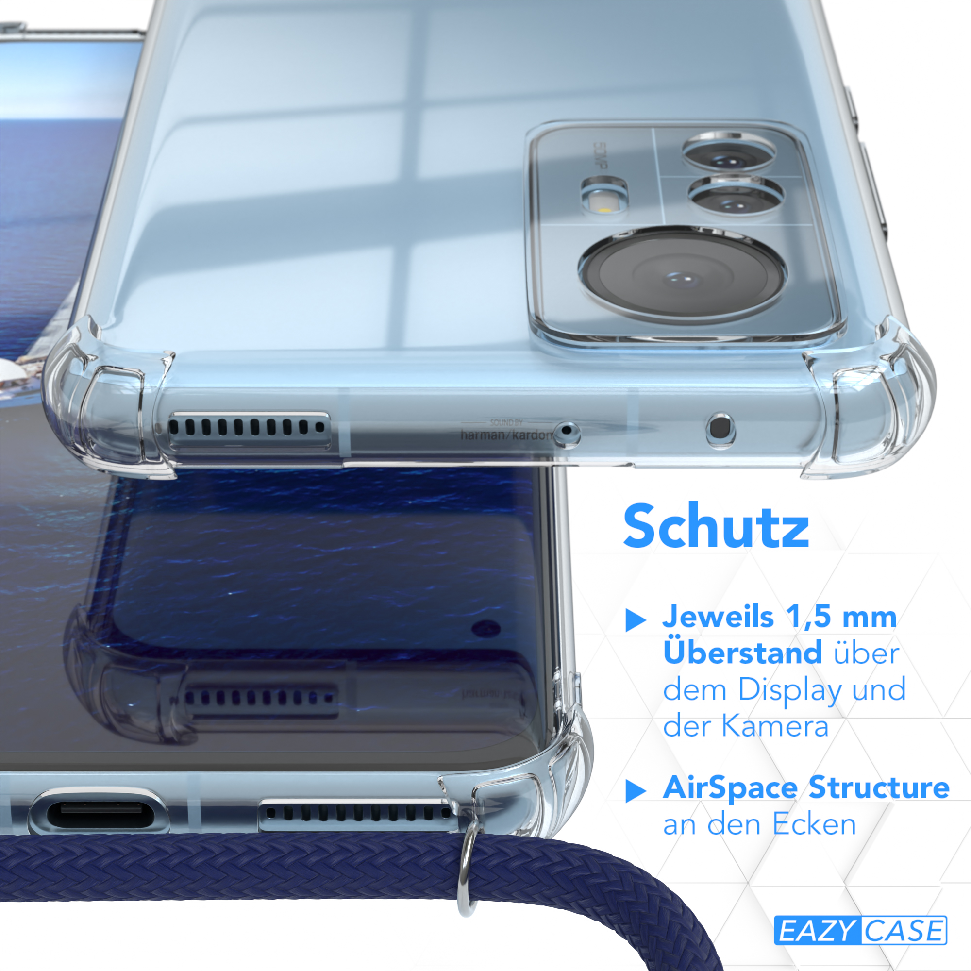 Handyhülle auf einem Telefon, Schutzdetails. Text: 1,5 mm über dem Display, AirSpace Structure an den Ecken.