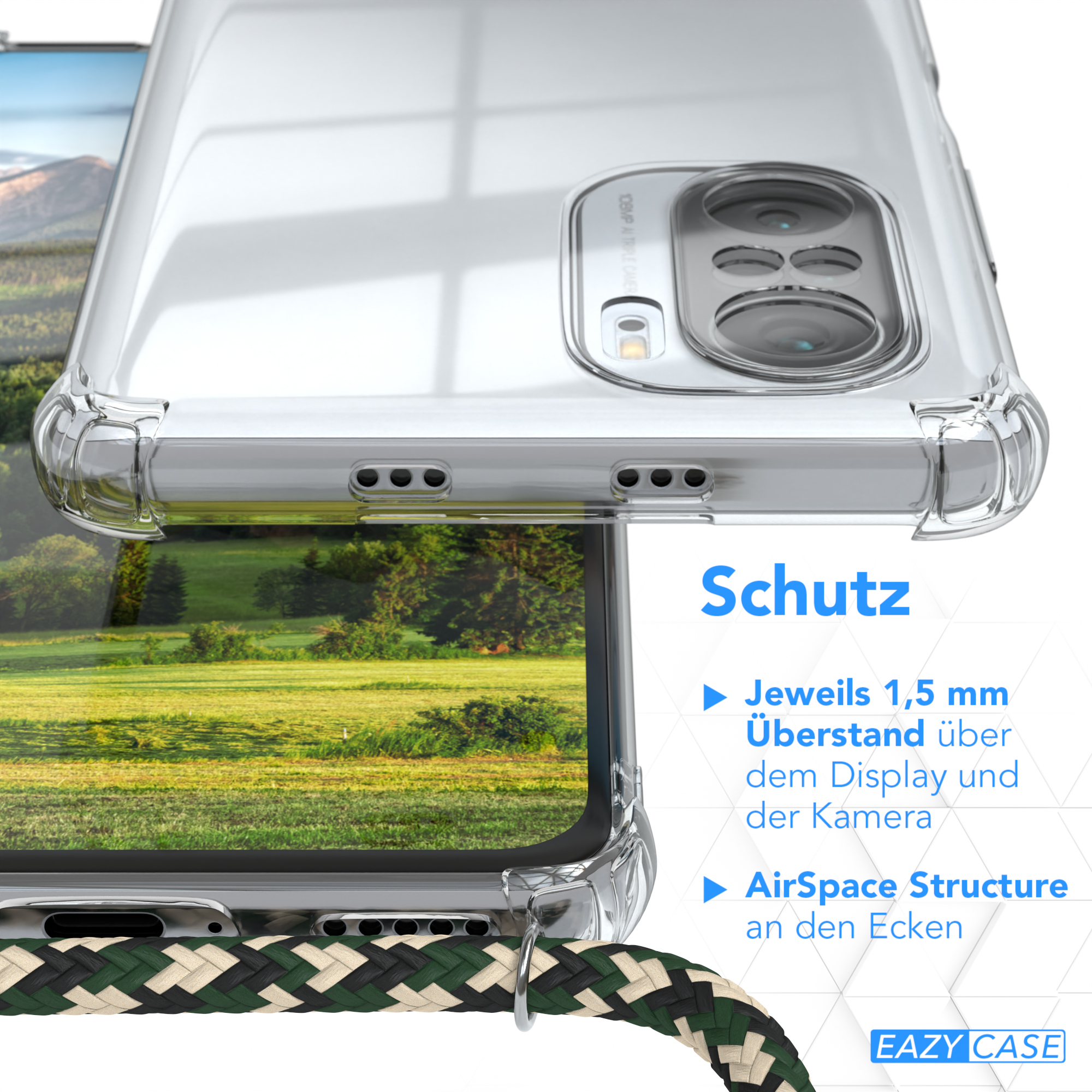 Transparente Handyhülle, Nahaufnahme. Text: AirSpace Structure, 1,5 mm Display und Kamera.