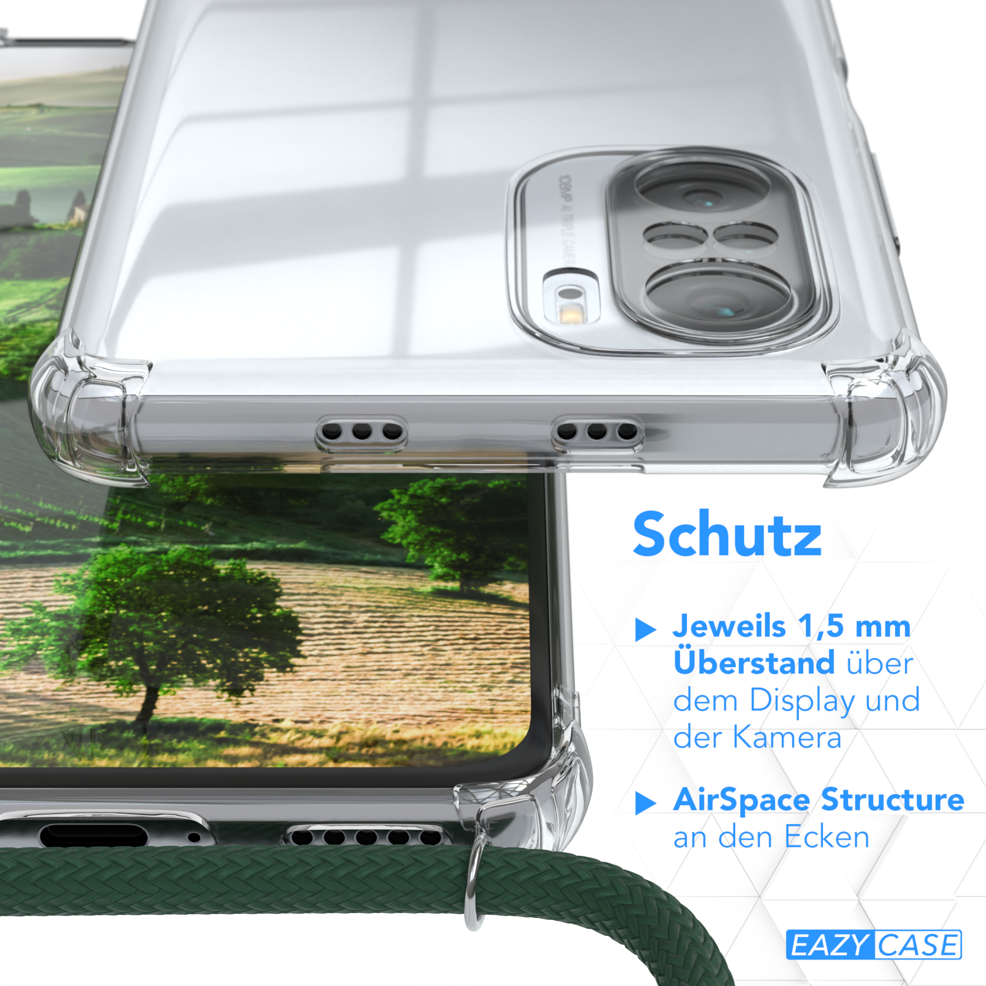 Klar Handyhülle Detail mit Handy. Text über Schutz und Struktur.