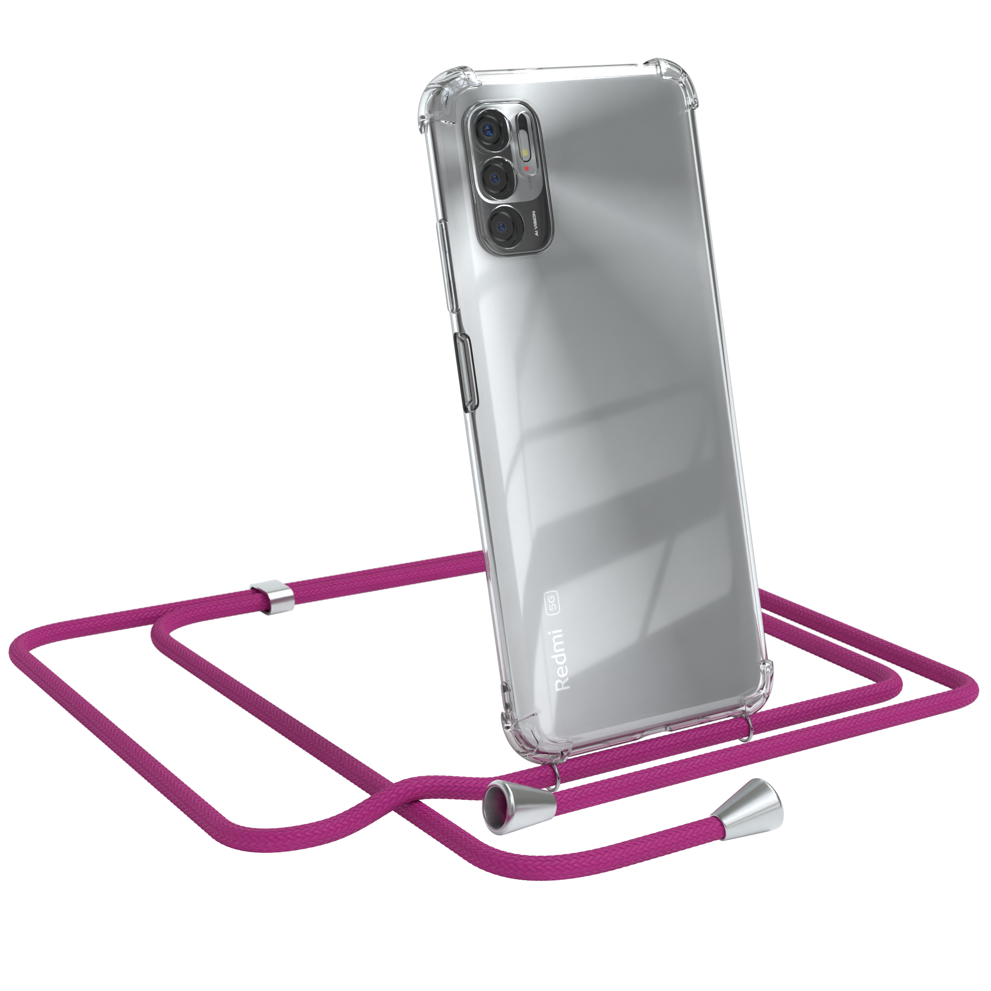 Transparente Handyhülle mit magentafarbenem Lanyard. Das Telefon ist ein Redmi.