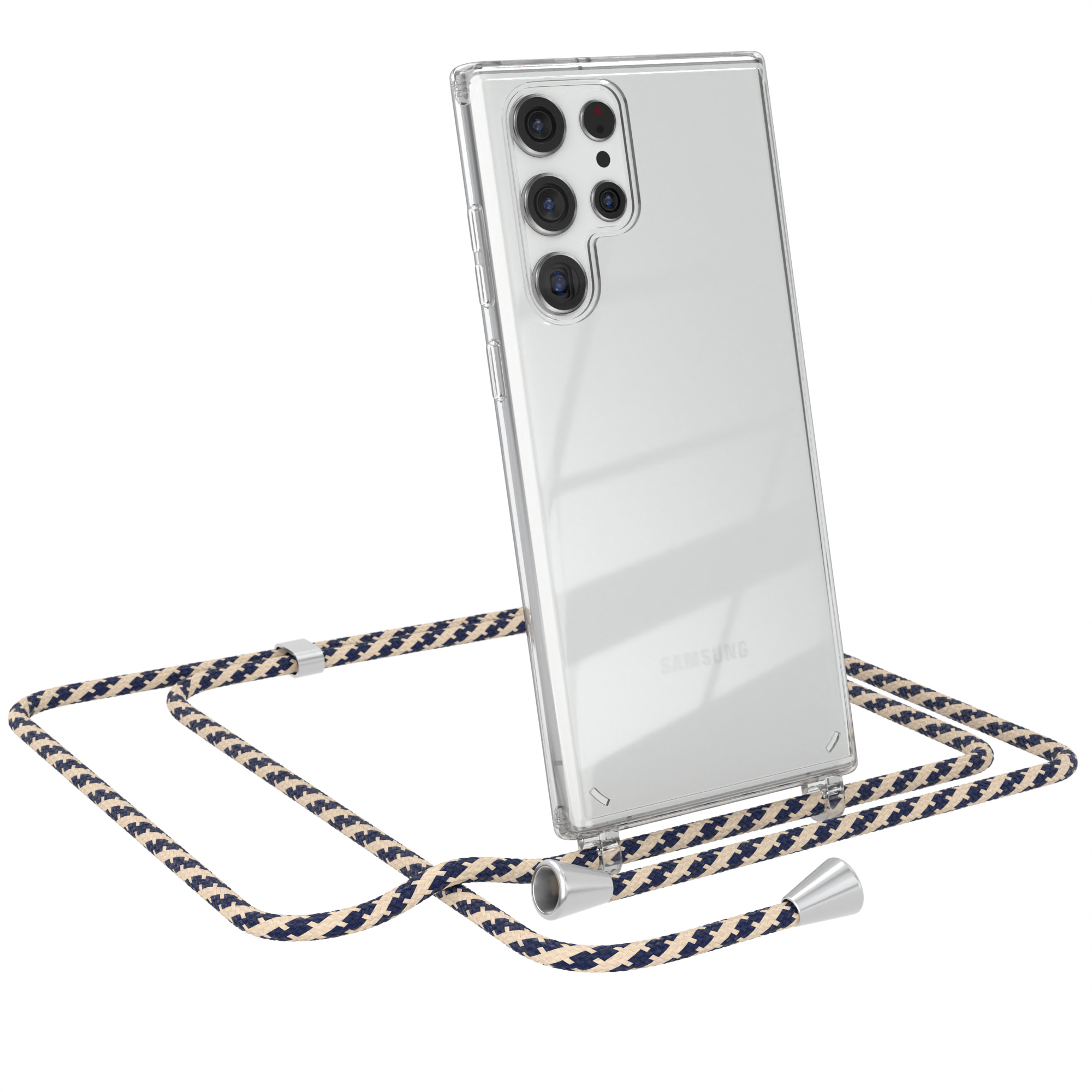 Transparente Handyhülle mit gemustertem Band und Smartphone mit Kameras.