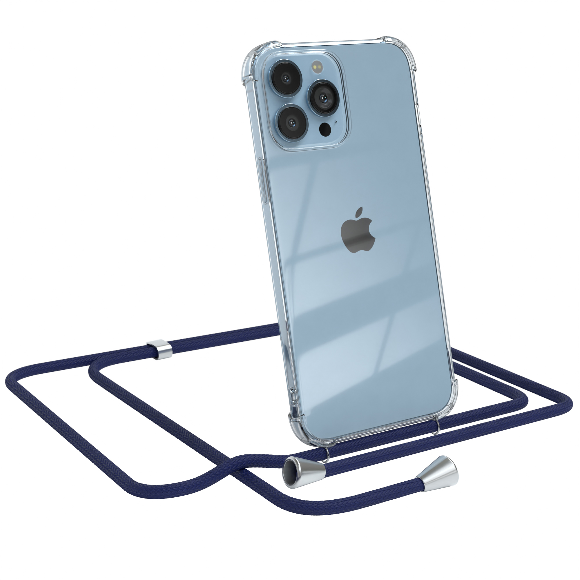 Transparente Handyhülle mit marineblauem Band. Apple-Logo sichtbar. Weißer Hintergrund. Telefon abgewinkelt.