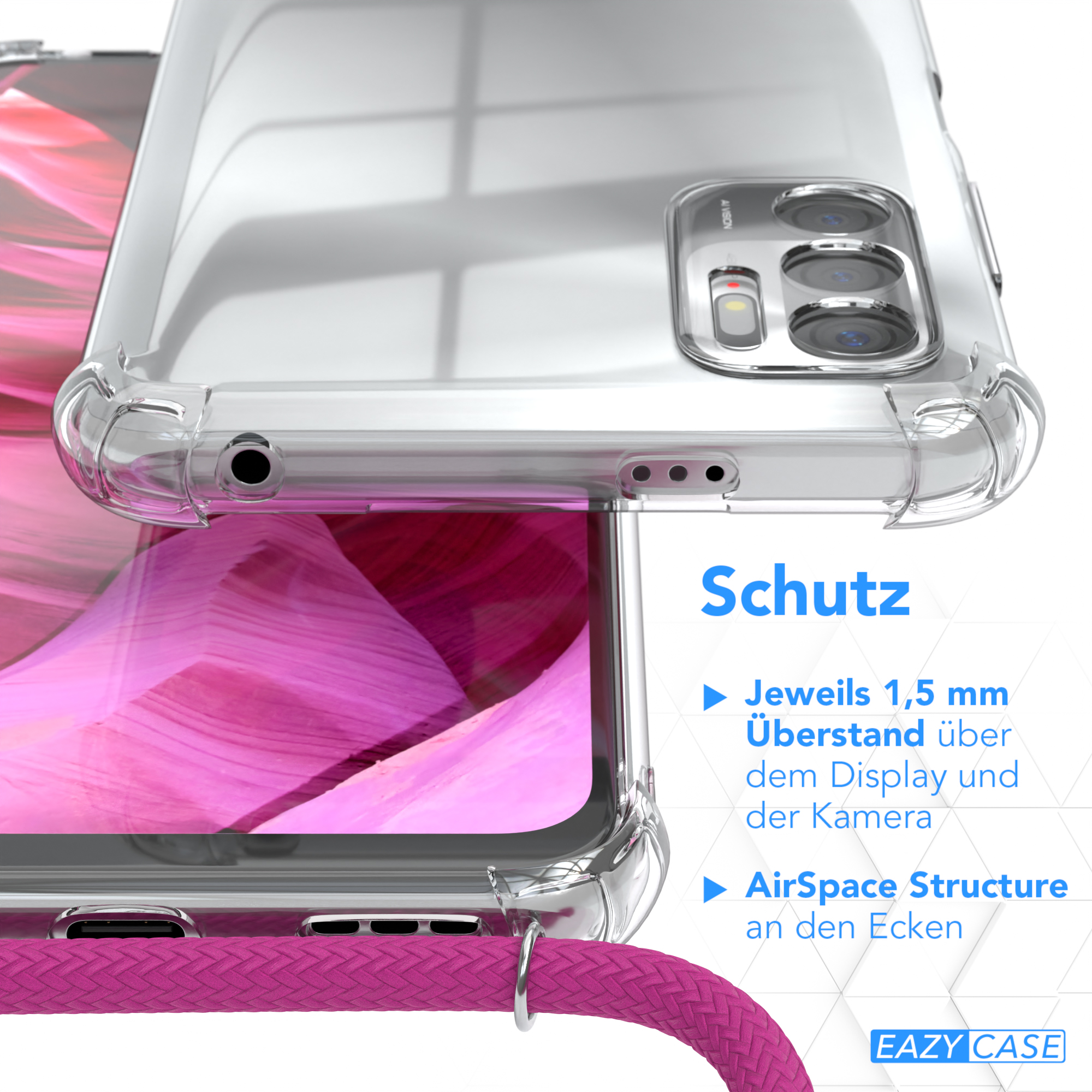 Nahaufnahme einer klaren Handyhülle mit einem pinkfarbenen Umhängeband. Text: Schutz (Schutz).
