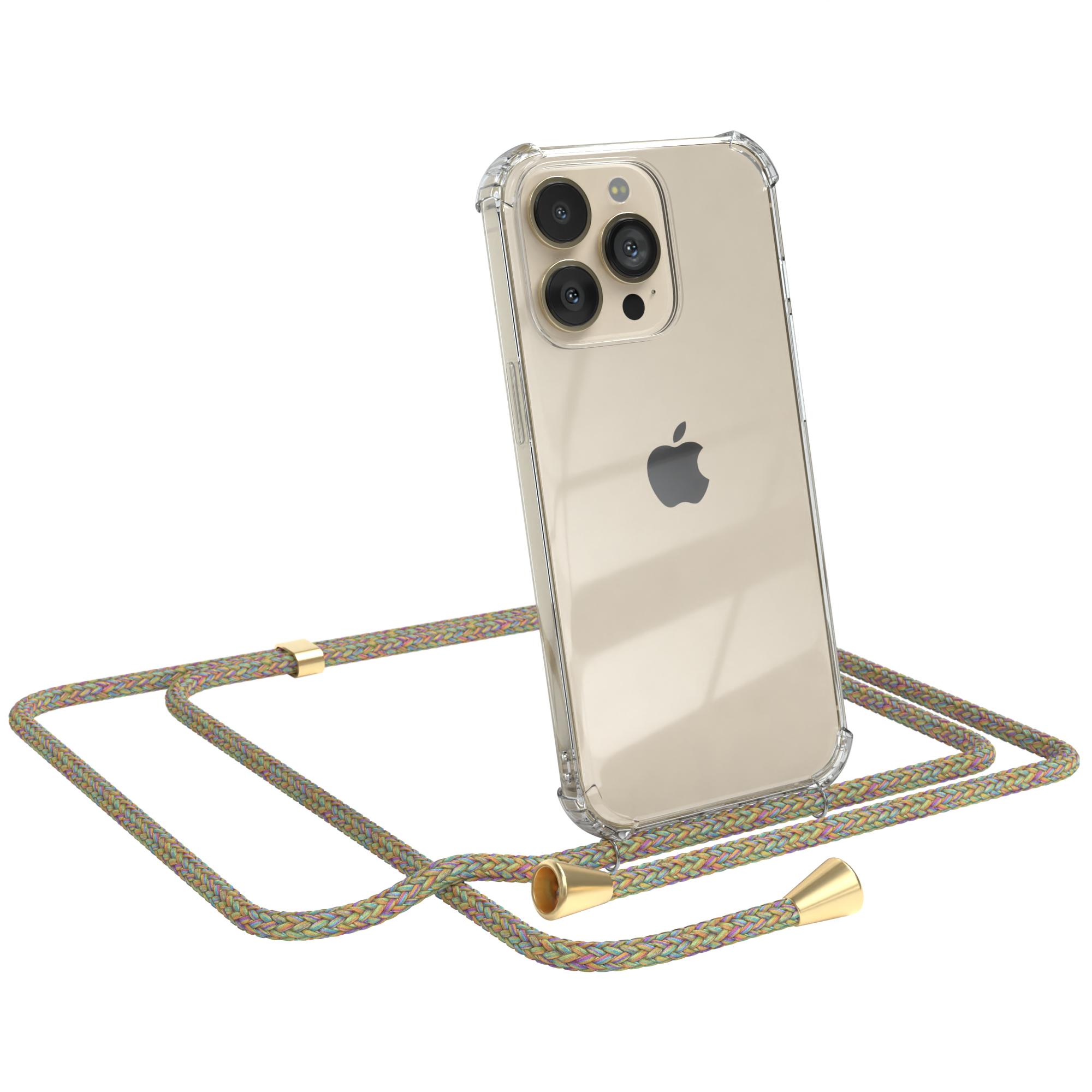 Transparente Handyhülle mit bunter Kordel. Das Telefon hat ein Apple-Logo.
