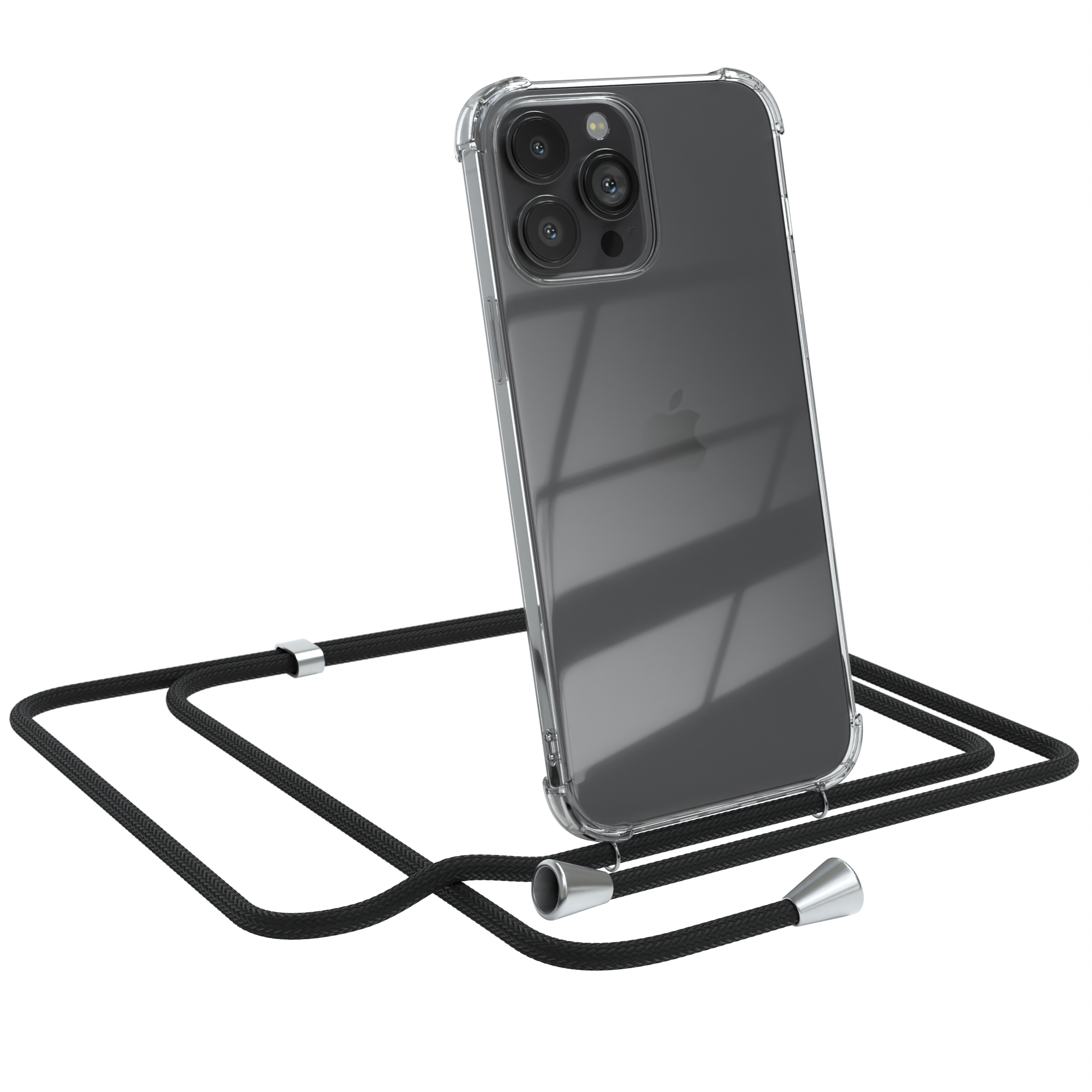 Schwarzes Telefon in klarer Hülle mit schwarzem Schlüsselband. Mehrere Kameras.