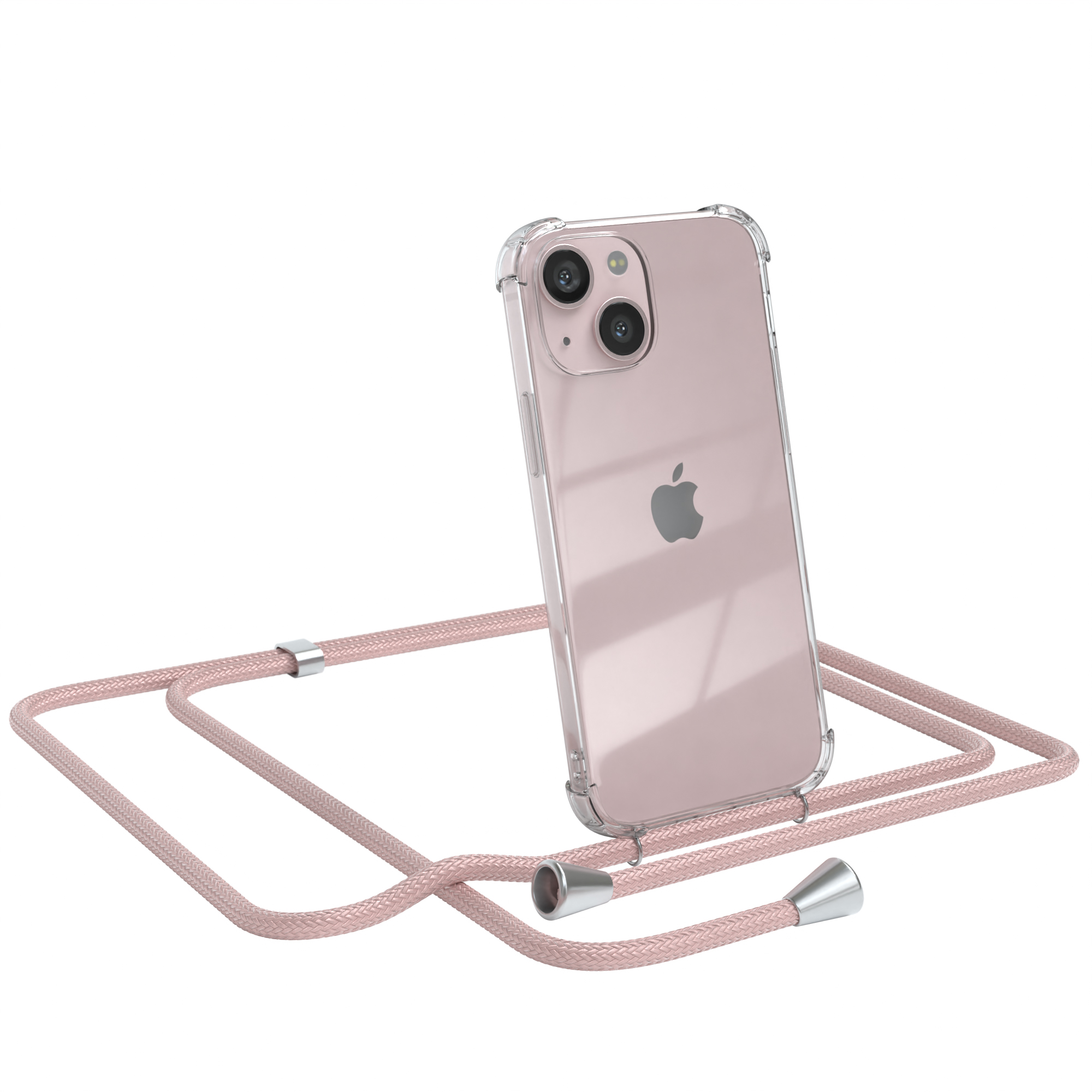 Transparente Handyhülle mit pinkfarbenem Schlüsselband, silbernen Akzenten. iPhone mit Apfel-Logo.