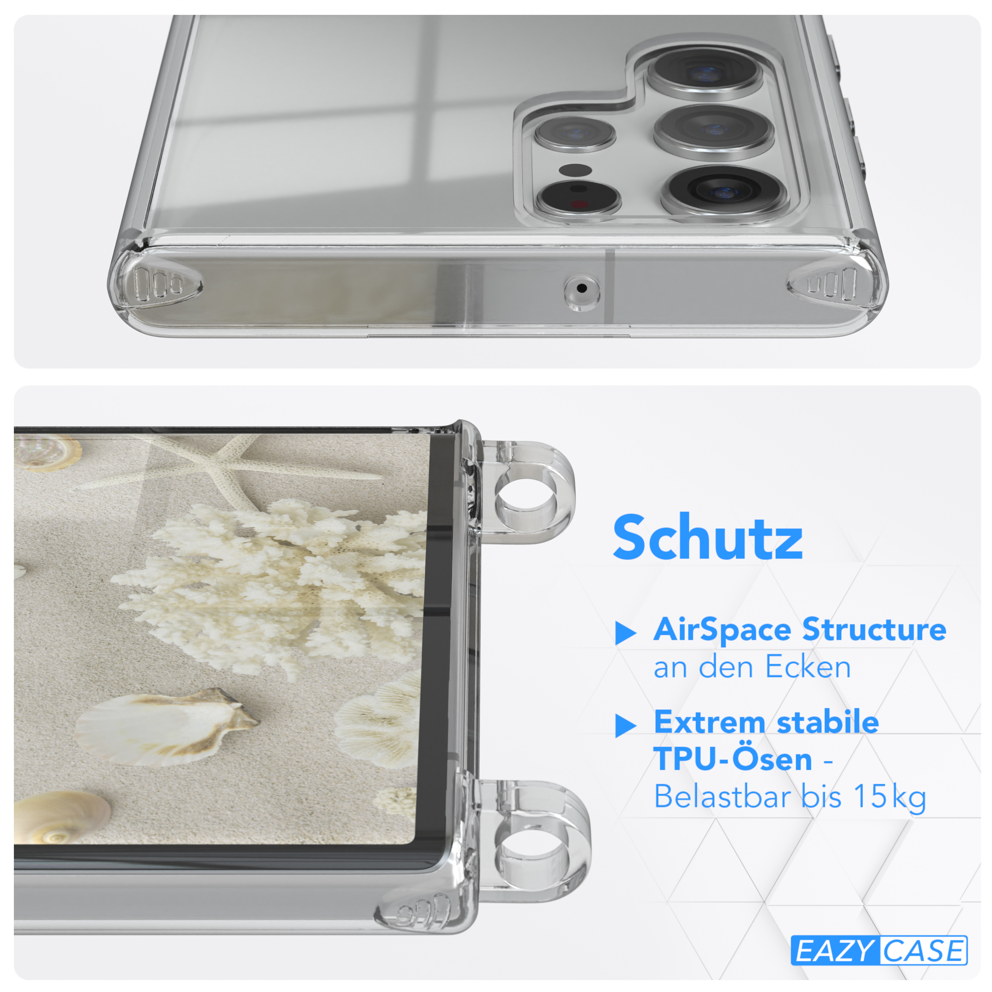 Transparente Handyhülle mit sandigem Hintergrund und Muscheln.
