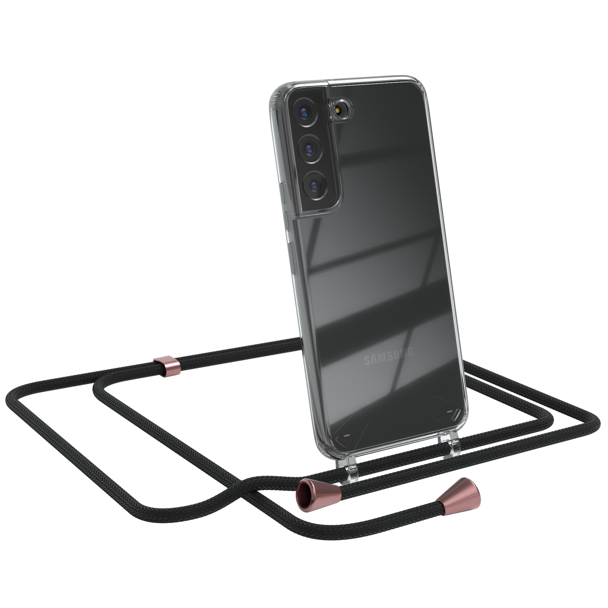 Transparente Handyhülle mit schwarzem Band. Ein Samsung-Telefon ist darin. Roségold-Akzente an den Enden.