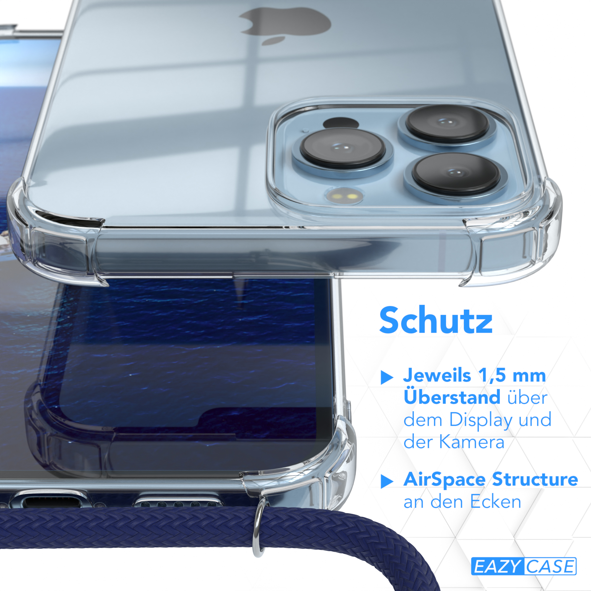 EAZY CASE Clear Cover mit Apple, 13 Blau Umhängetasche, Clips / Max, Umhängeband, Pro Silber iPhone