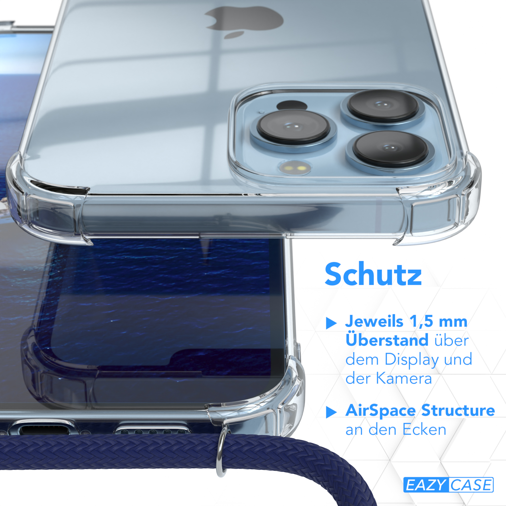 Handyhülle mit Funktionen: 1,5 mm Display- und Kamerarand, AirSpace Structure in den Ecken. Eazy Case-Logo unten.