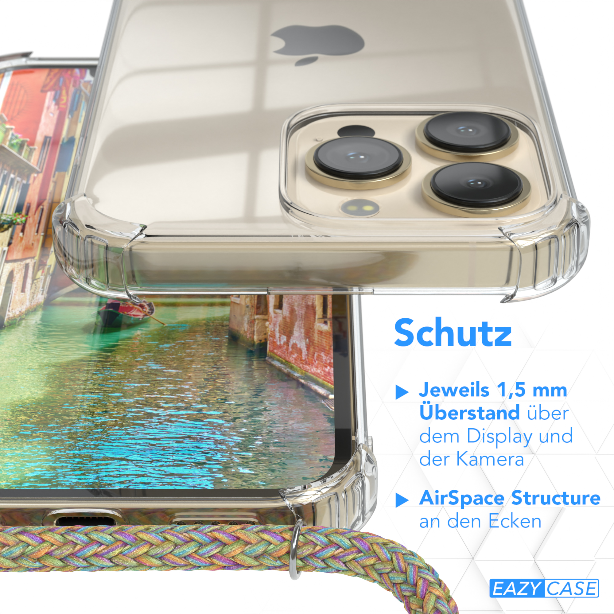 Nahaufnahme einer Handyhülle mit Lanyard und einer Kanalszene im Hintergrund. Text: Schutz, 1,5mm Überstand.