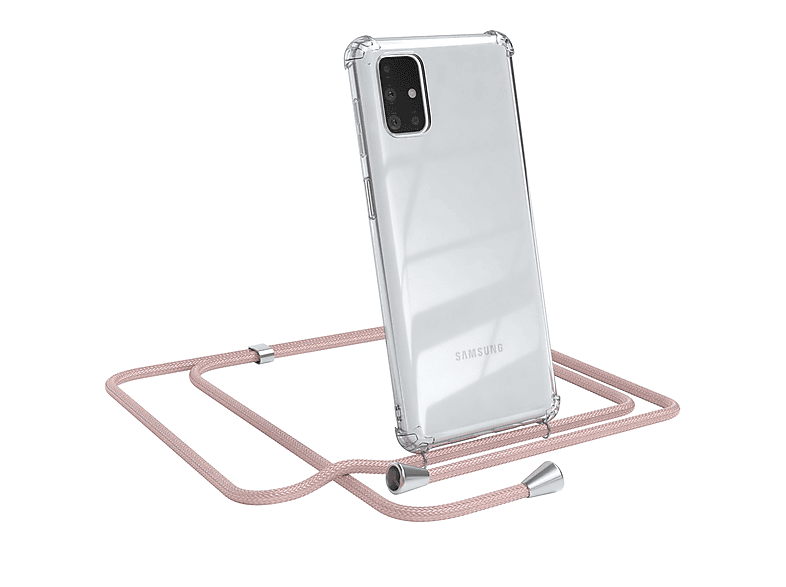EAZY CASE Clear Cover mit Umhängeband, Umhängetasche, Samsung, Galaxy M51, Rosé / Clips Silber