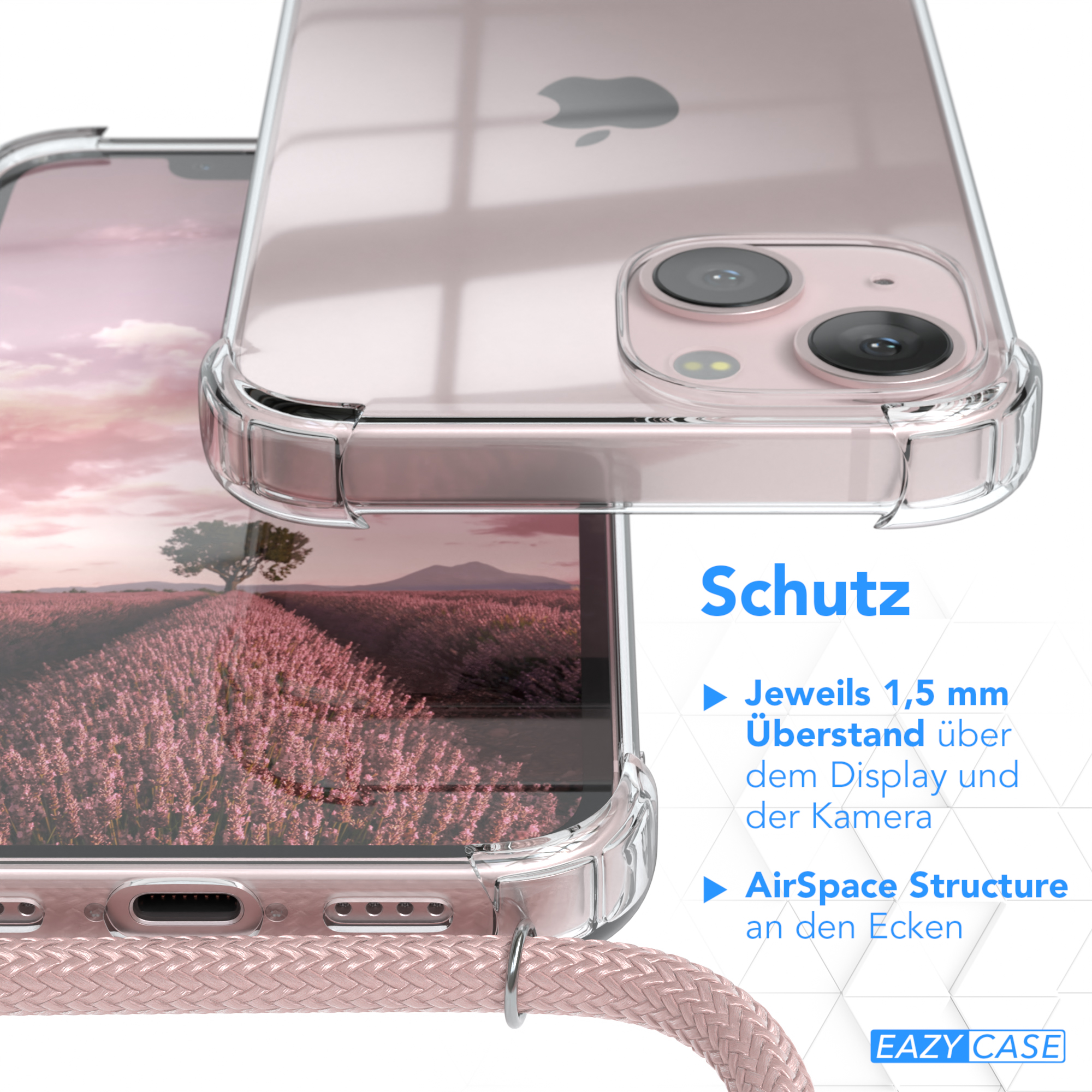 Nahaufnahme von Handyhülle und Telefon. Text: Schutz, 1,5 mm über Display und Kamera.