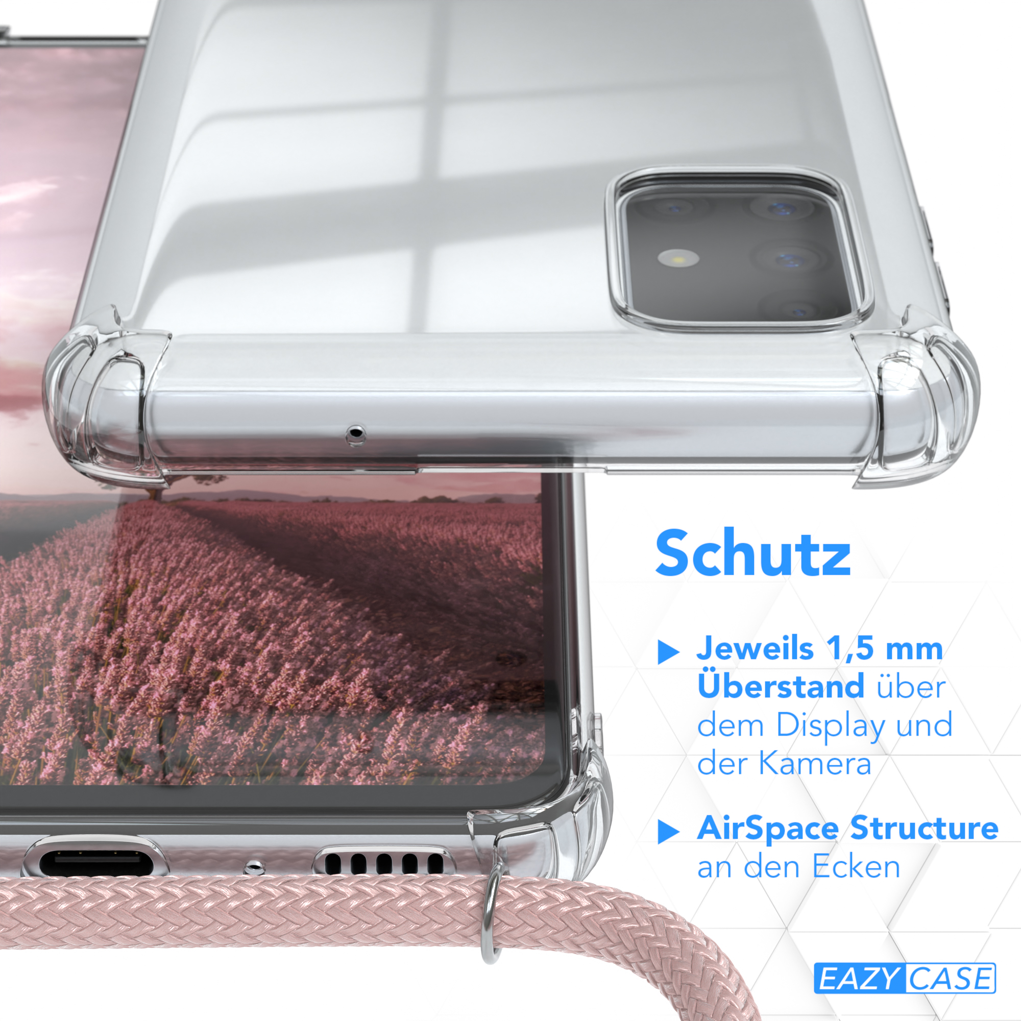 Transparente Handyhülle mit rosa Kordel. Im Hintergrund ein Lavendelfeld.