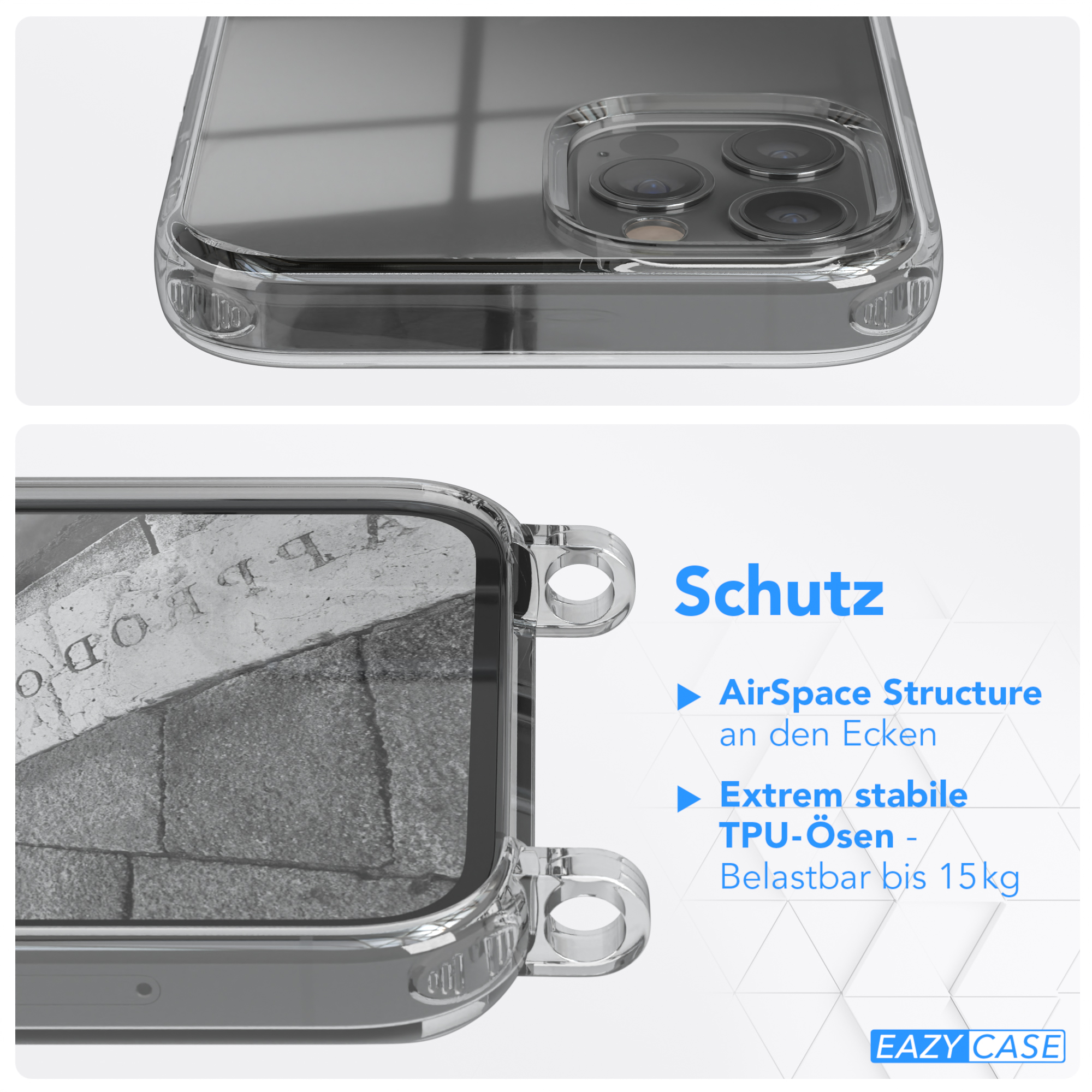 Transparente Handyhülle mit schwarzen Rändern. Der Hintergrund ist unscharf.