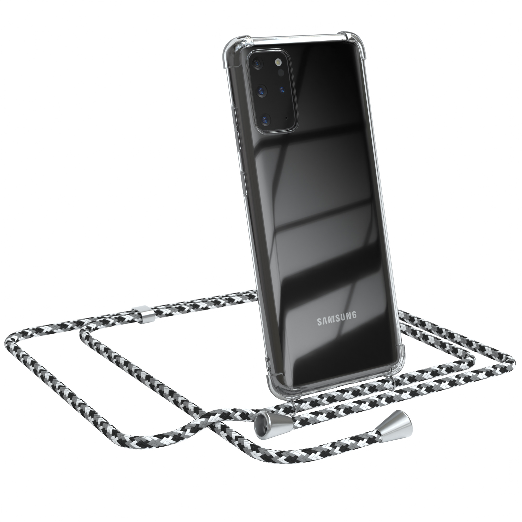 Ein Telefon in einer transparenten Hülle mit schwarz-weißem Riemen. Telefon lehnt sich. Samsung-Logo sichtbar.